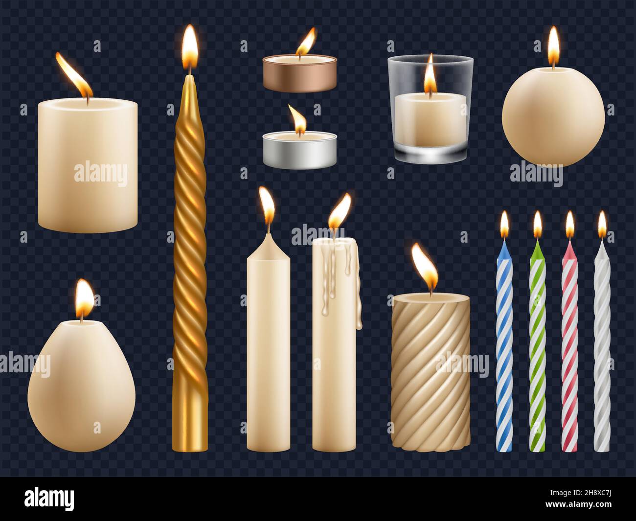 Realistic candles. Church wax candles collection birthday celebration