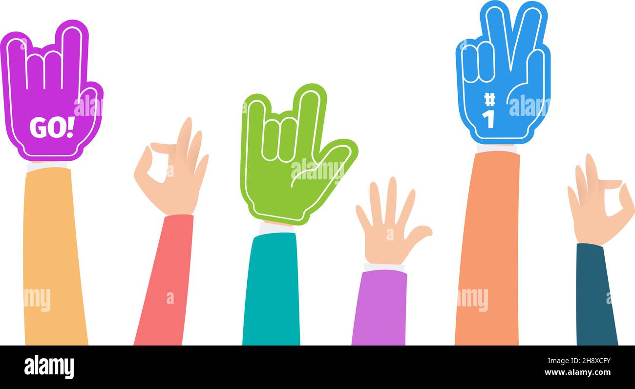 Fans hands up. Foam fingers hand, cheering gloves and human positive gestures. People greeting vector banner Stock Vector