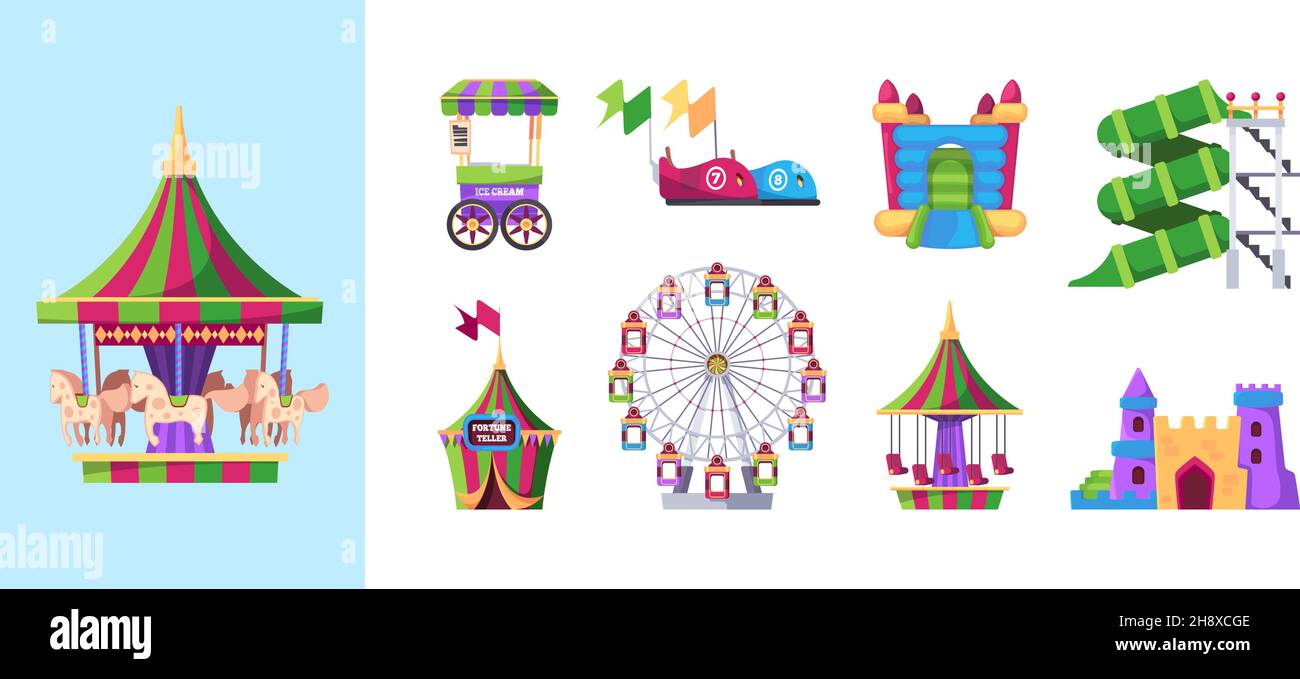 Attraction kids. Amusement park symbols children game machines carousel swing inflatable catapult wheel rides garish vector flat pictures collection Stock Vector