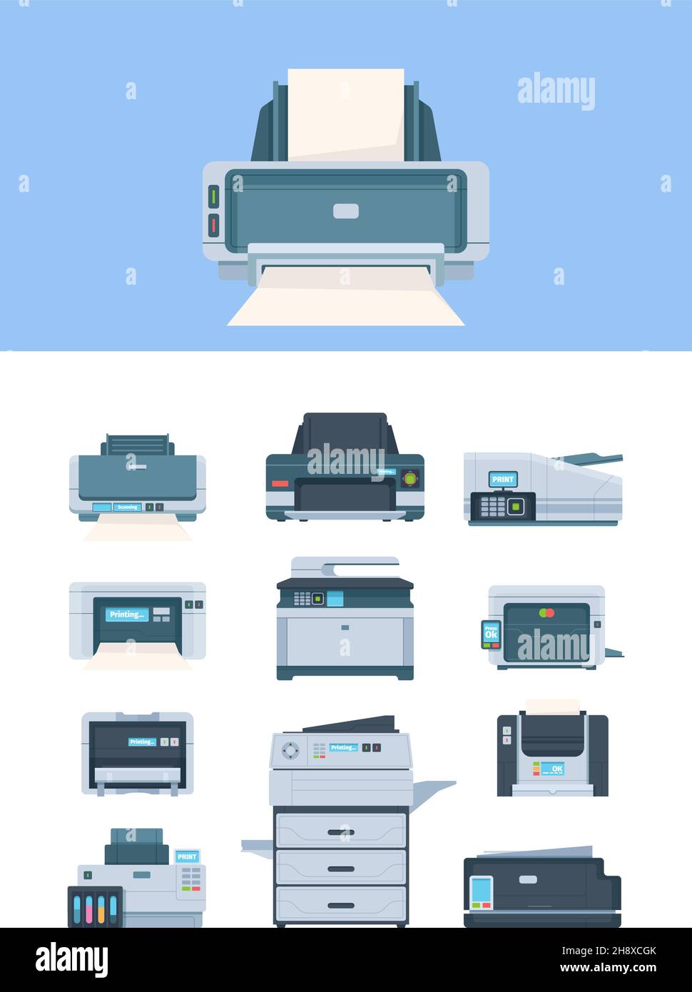 Printer. Inkjet office and industry machines terminal pc flat printers for print house garish vector illustrations Stock Vector