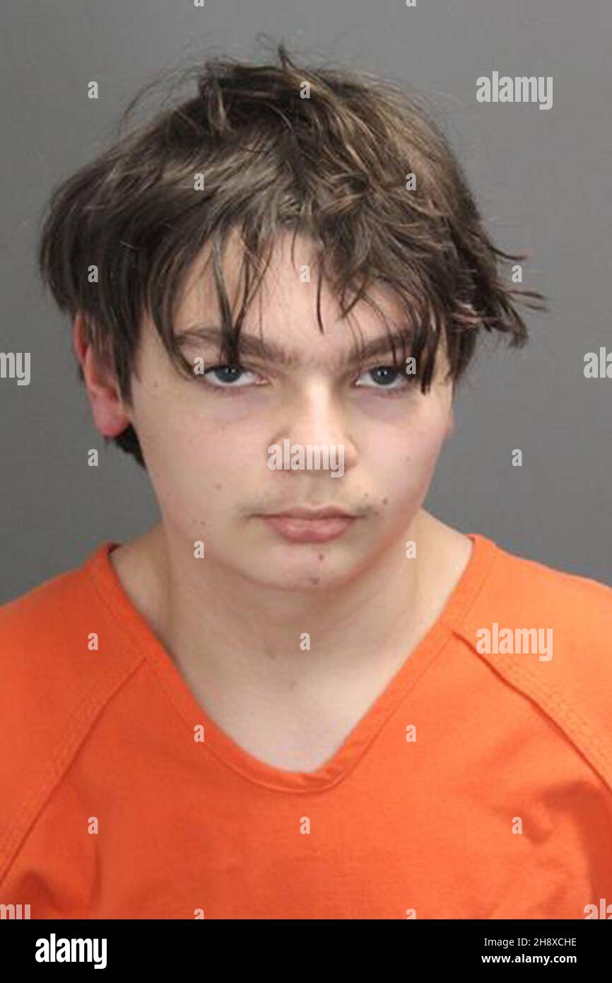 Oxford, United States. 02nd Dec, 2021. Ethan Crumbley, 15, is pictured in his booking photo as released by the Oakland County Sheriff's Office on December 1, 2021. Crumbley was charged with four counts of first-degree murder, terrorism, and other weapons charges in the shooting, which occurred on Tuesday, November 30, at Oxford High School near Detroit. Photo via Oakland County Sheriff's Office/UPI Credit: UPI/Alamy Live News Stock Photo