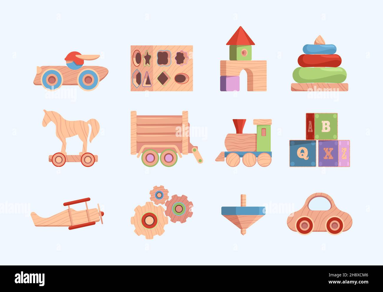 Old style wooden toy. Funny entertainments for kids vintage blocks cars soldiers garish vector illustrations set in flat style Stock Vector