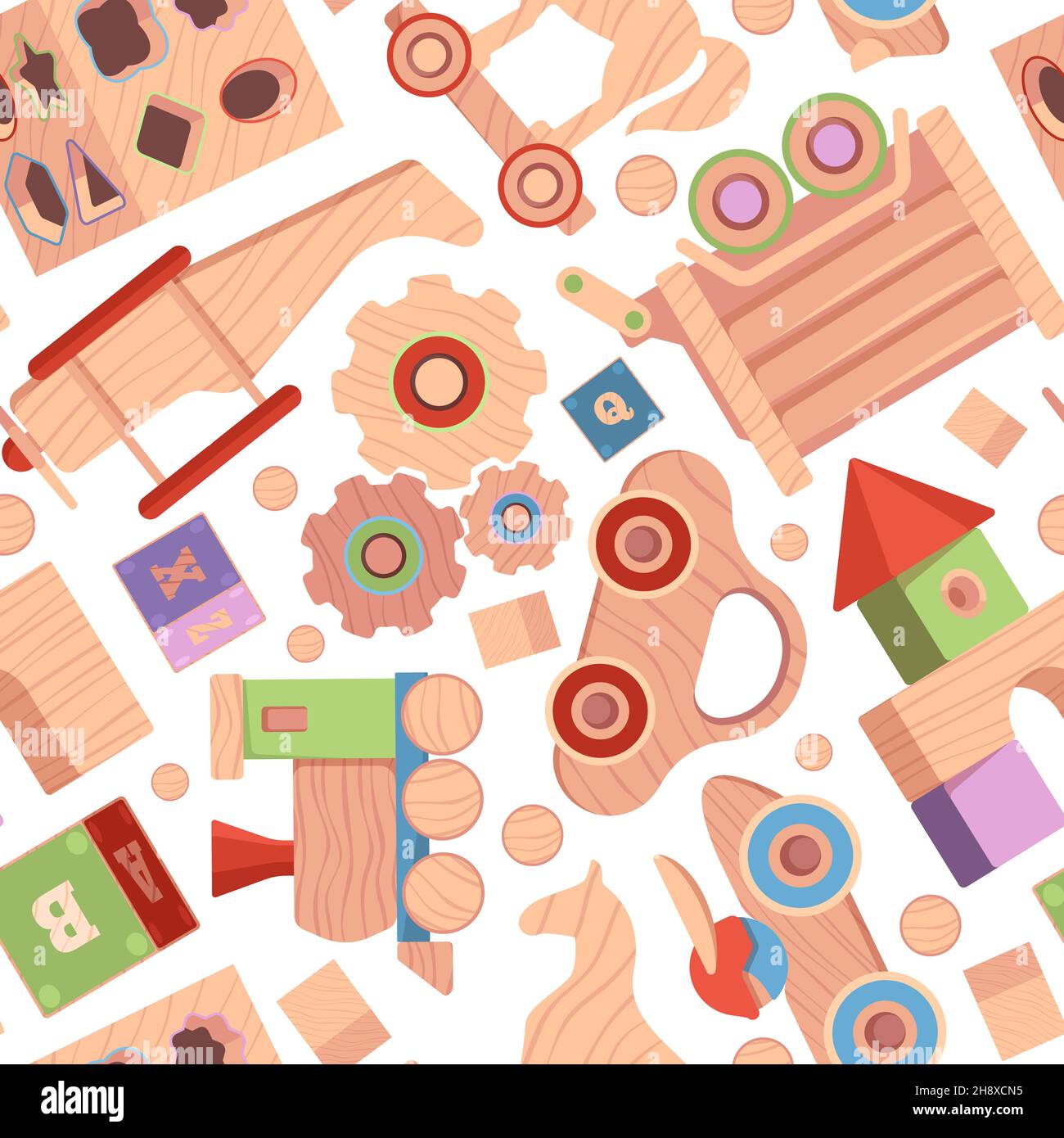 Toys pattern. Vintage wooden attractions for kids textile design projects templates with funny toys blocks cars soldiers dolls garish vector seamless Stock Vector