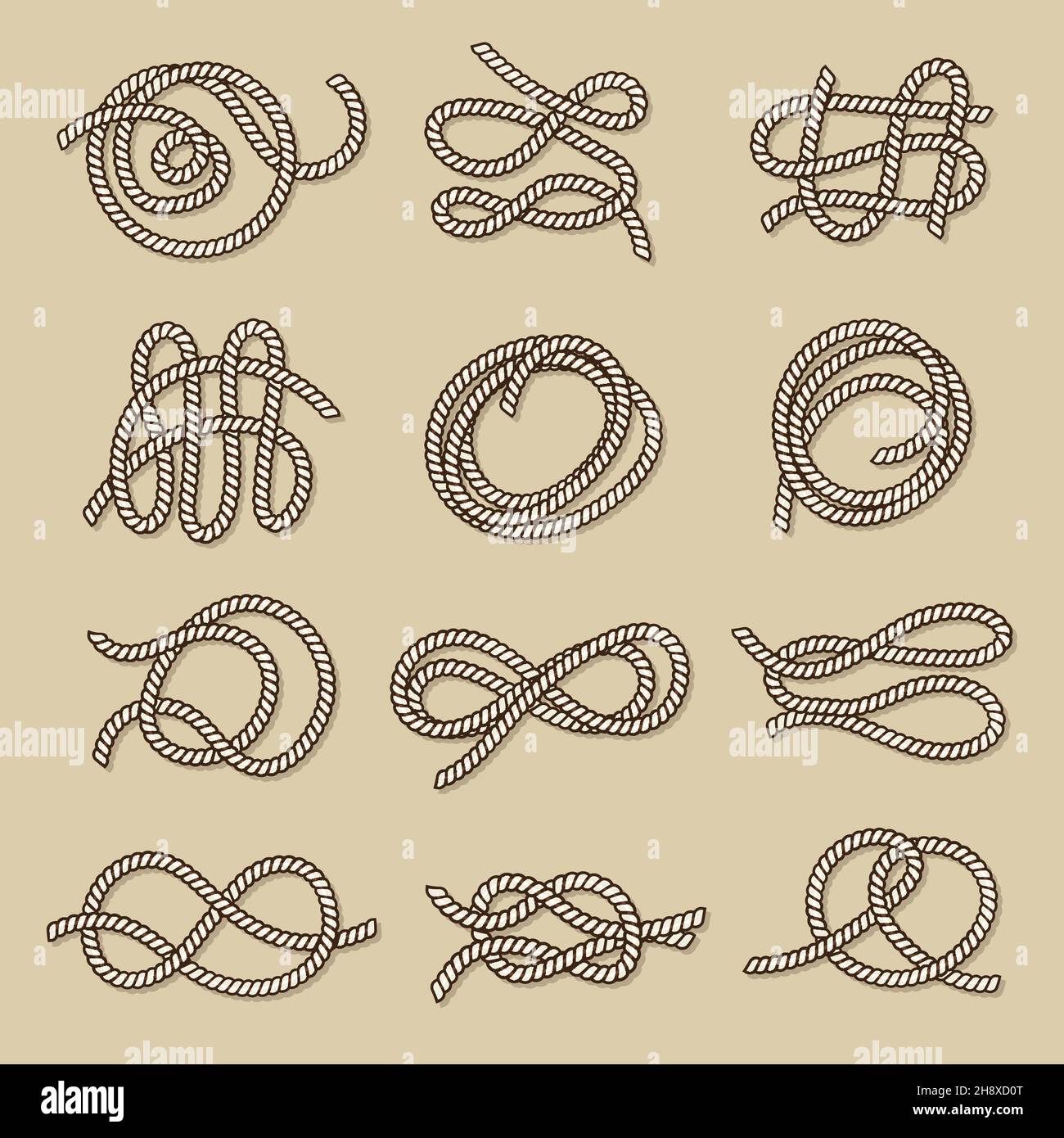 Rope shape. Abstract twisted cable or textile knots parts nautical symbols marine ropes recent vector illustration set Stock Vector