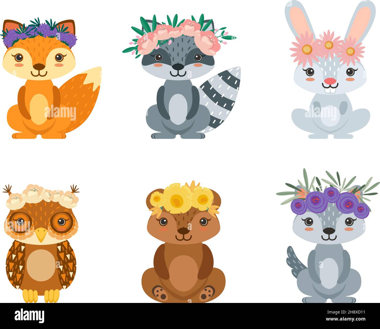 Spring animals. Funny animal floral wreath, cartoon wild characters ...