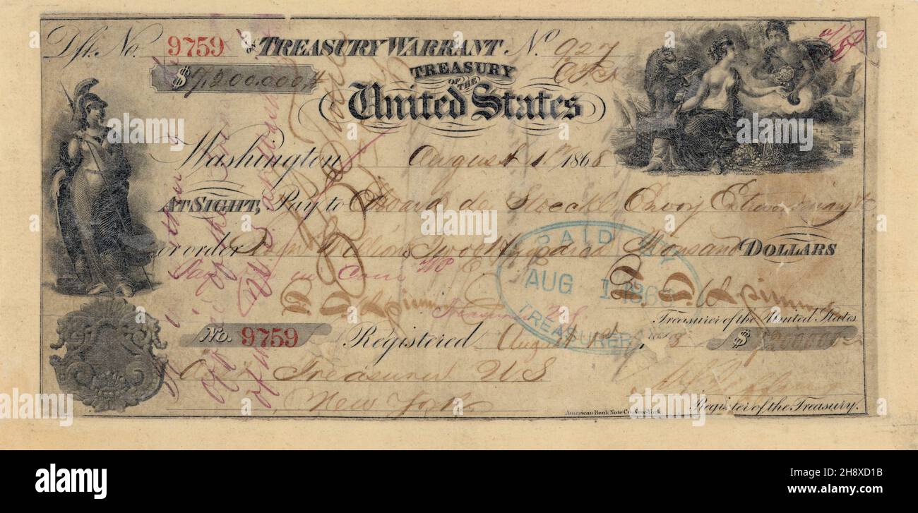 U.S. Treasury Warrant issued in the Amount of $7.2 Million for the U.S. Purchase of Alaska Territory from Russian Empire after signed treaty of March 30, 1867, U.S. Department of the Treasury, Office of the Register of the Treasury, Notes, Coupon, Currency, and Files Division Stock Photo
