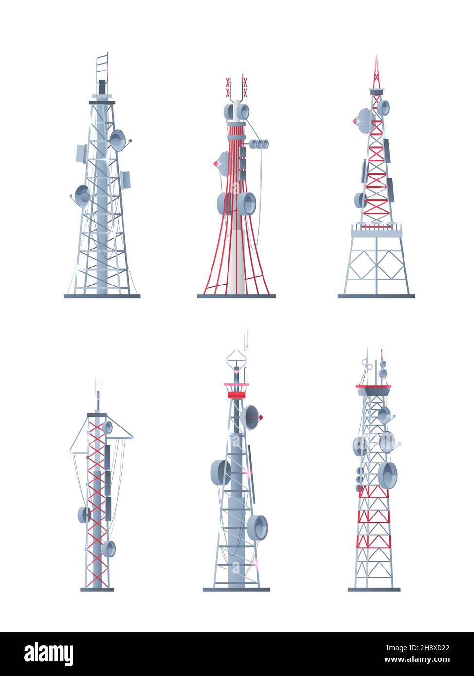 Communication towers. Technological modern network wireless systems telecommunication smart buildings garish vector pictures set isolated Stock Vector