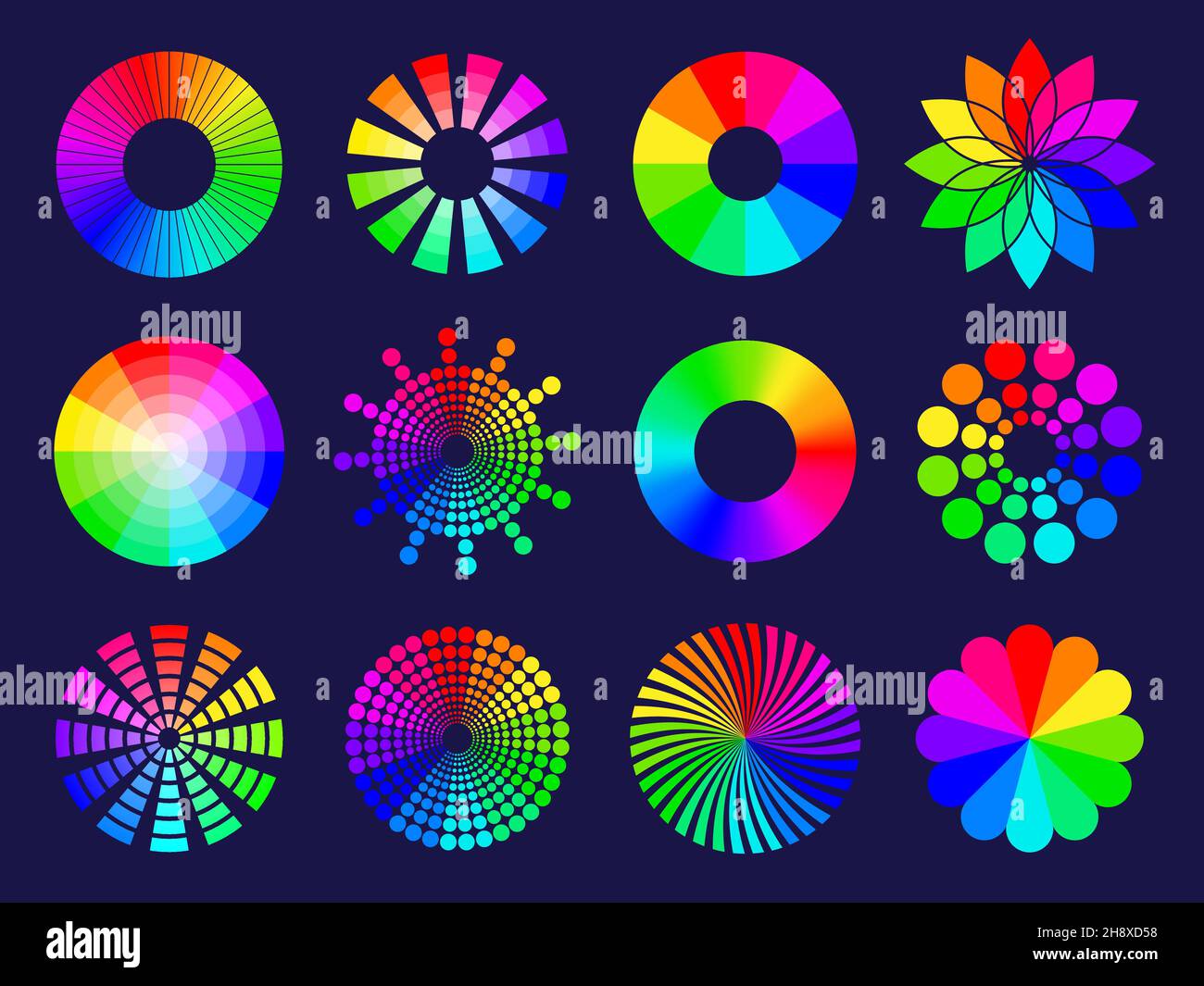 Rgb circles. Round abstract shapes selective colored spectrum waves frequency wheels rgb palletes recent vector stylized symbols Stock Vector
