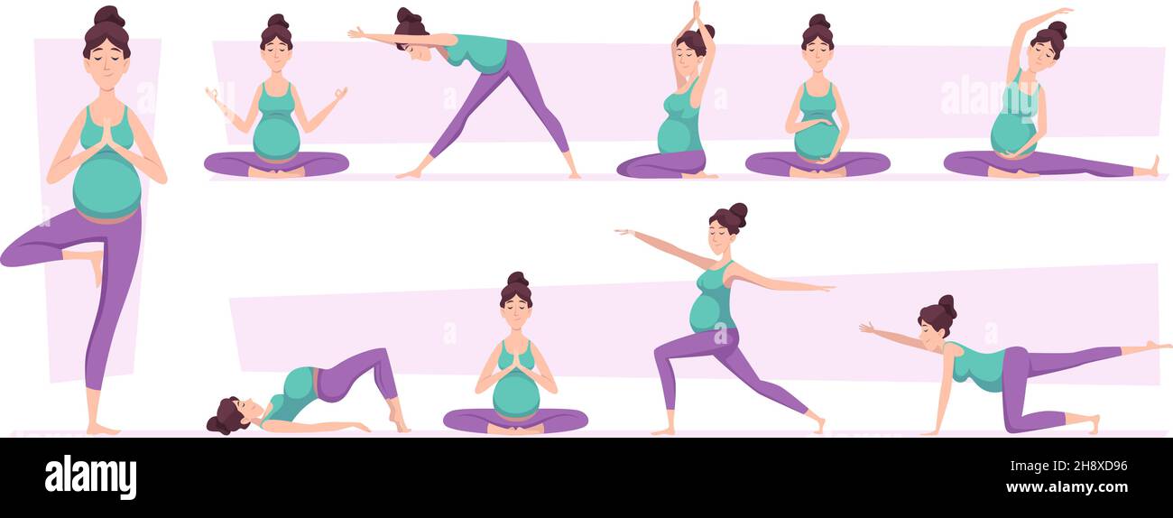 Pregnant yoga woman. Sport poses relaxed characters yoga recreation poses exact vector illustrations set Stock Vector