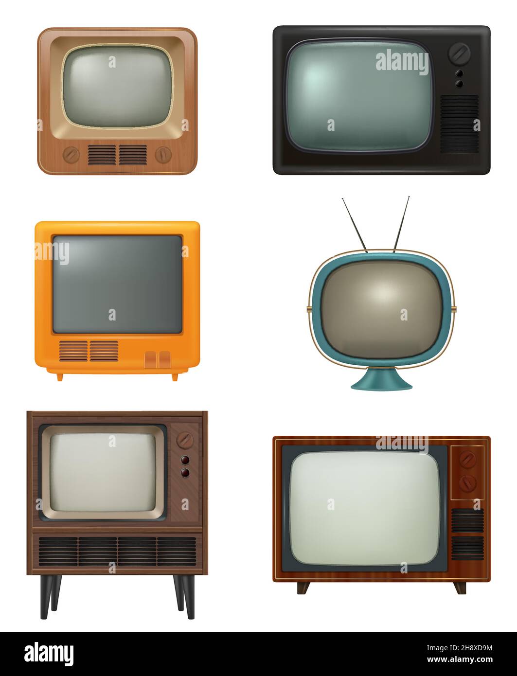 Retro tv. Household items of 80s style realistic electronic tv set news entertainment media movies decent vector pictures set Stock Vector
