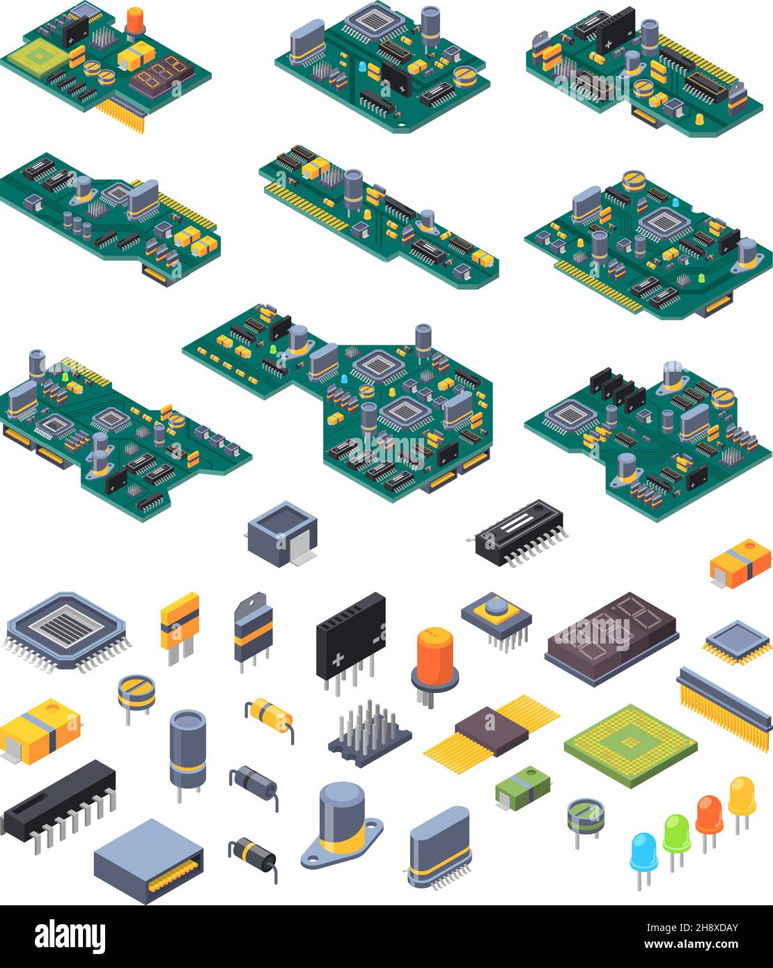 Microchip hardware. Manufacturing computer power green motherboards with small chip for electronic devices garish vector isometric illustrations Stock Vector