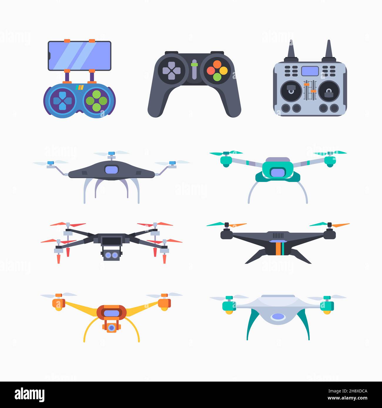Drones. Aircraft smart delivery services flying outdoor remote control drones garish vector flat illustrations Stock Vector