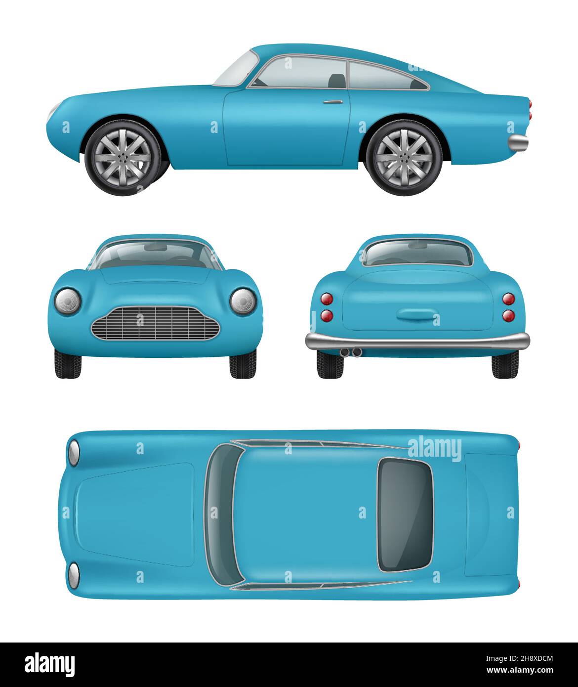 Retro car. Realistic vintage automobile front right left back side views luxury details decent vector vehicles isolated Stock Vector