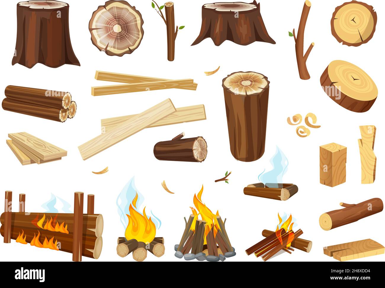 Lumber. Logs and timbers, wooden boards. Tree branches, wood shavings and sawdust. Burning and extinct bonfire, isolated vector rustic elements Stock Vector