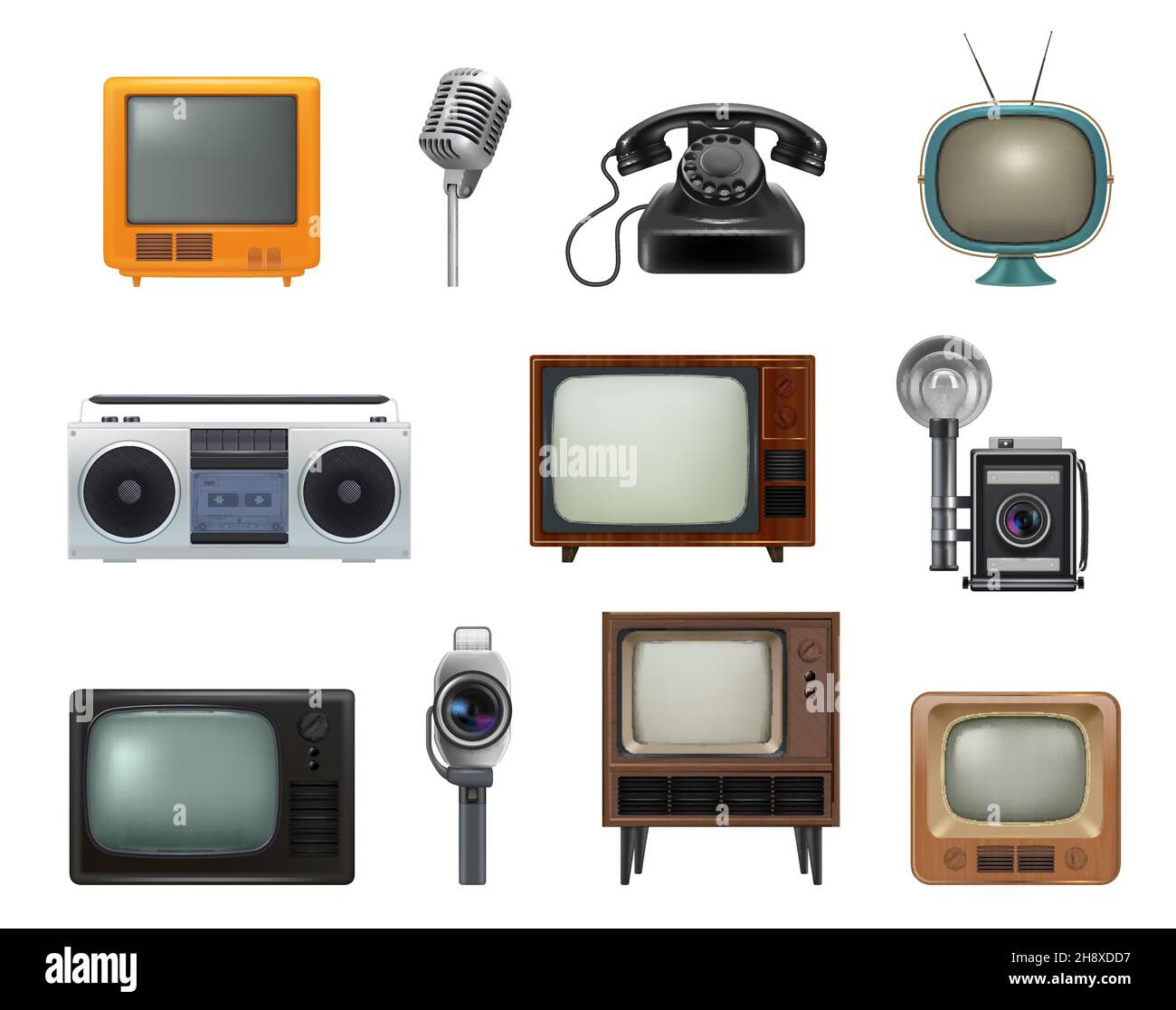 Old style technics. 80s retro household gadgets stationary items tv set typewriting machines telephone decent vector realistic pictures set Stock Vector