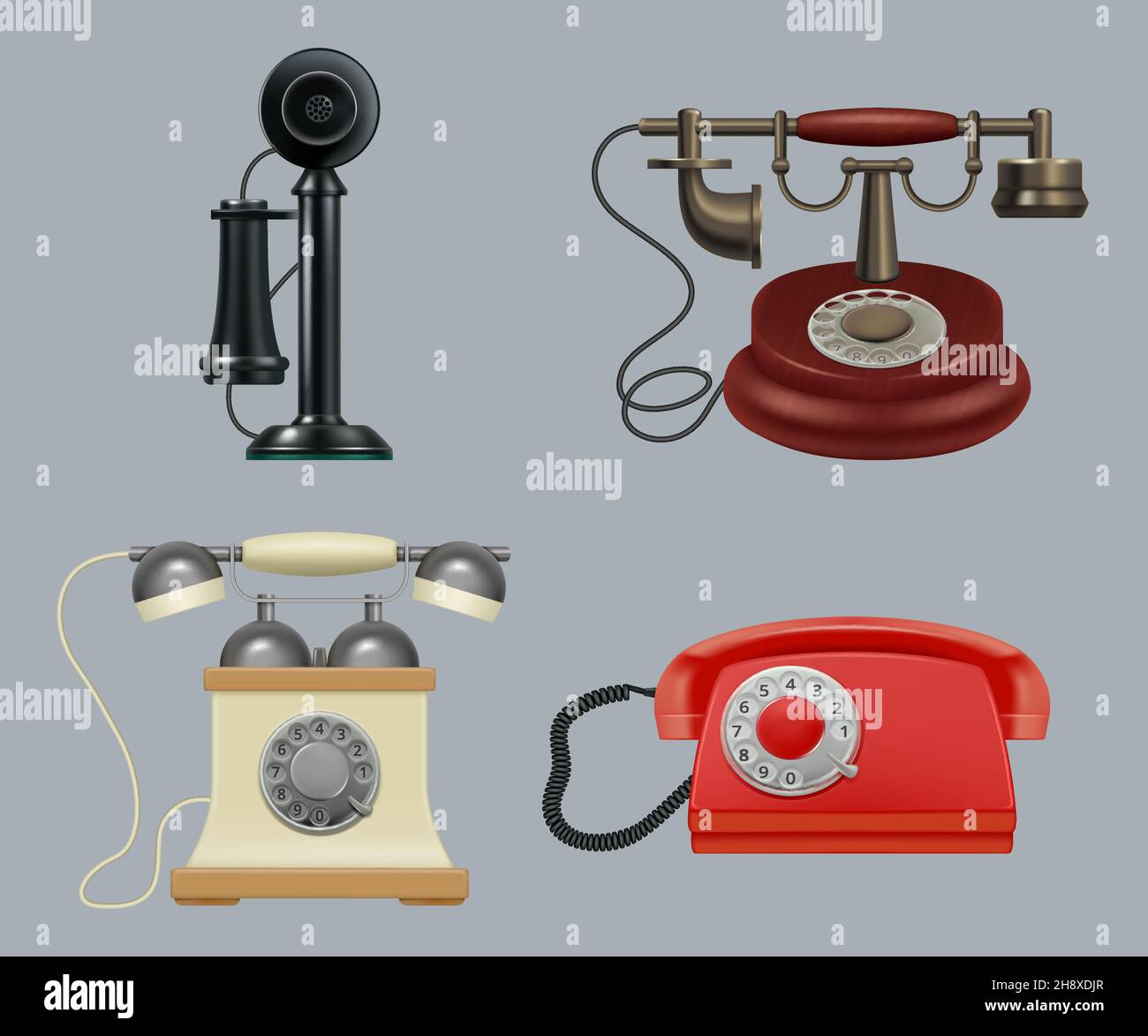 Retro phones realistic. Old style vintage gadgets ringing telephone for call center service decent vector illustrations set Stock Vector