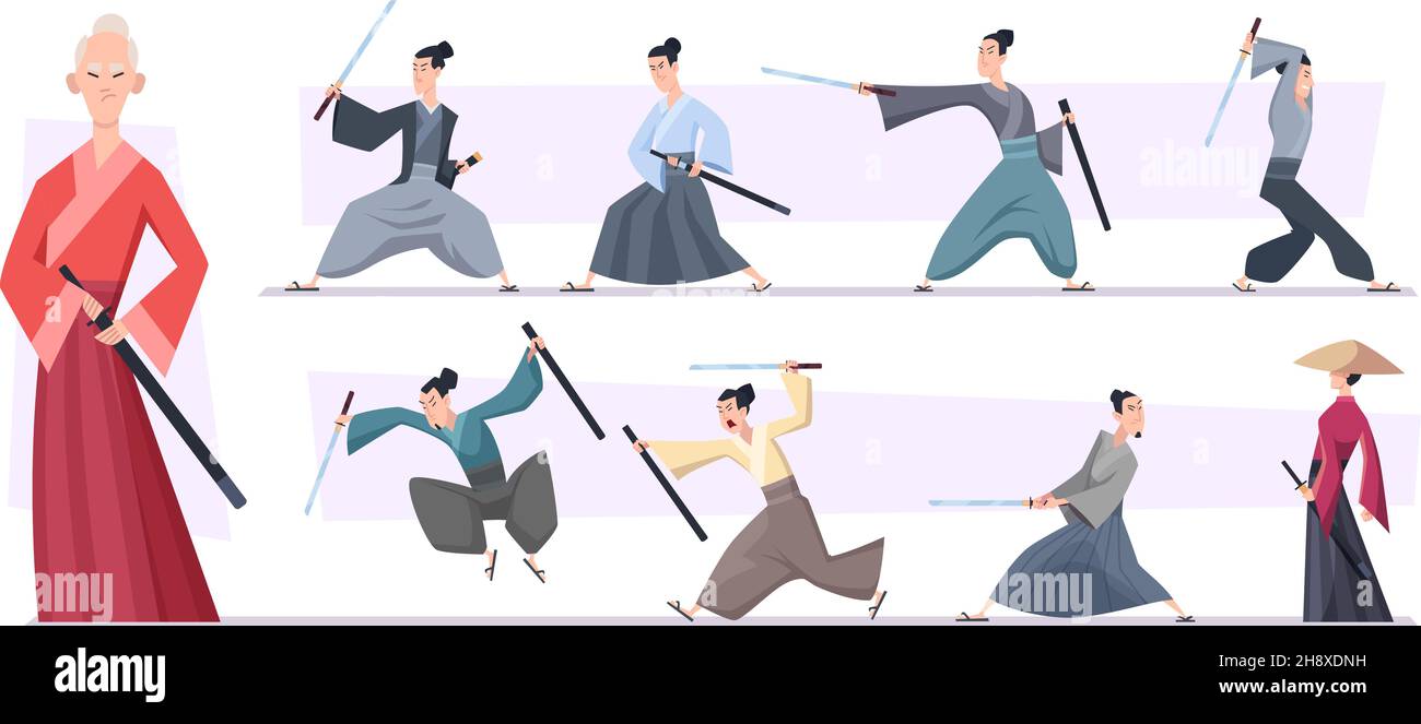 Ninja vector warrior set of cartoon character ninjitsu in various poses  samurai in fighting action isolated on white background Stock Vector |  Adobe Stock