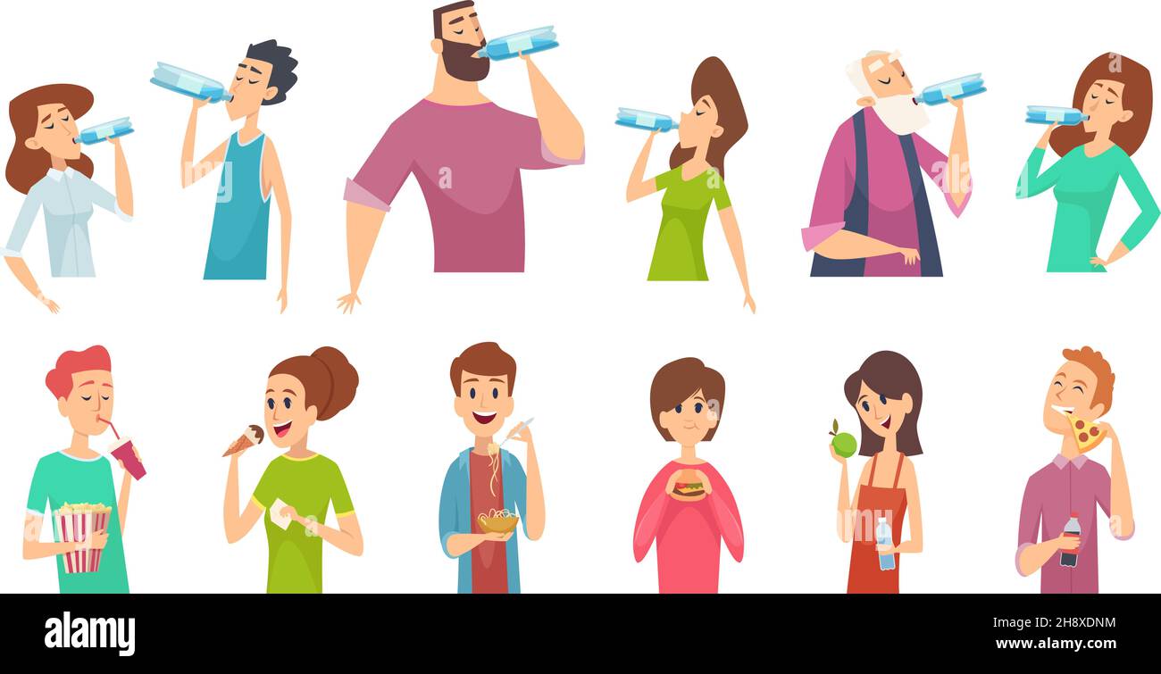 Eating and drinking characters. Drink water, bottle in people hands