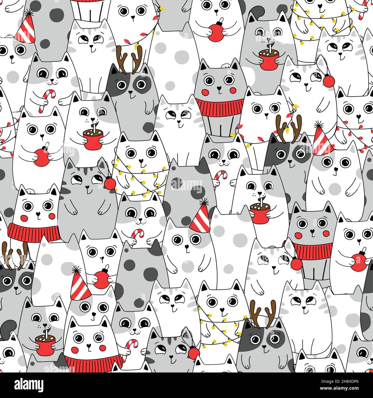 Seamless pattern background cute cat in snow for winter. Doodle style. Can be used for Christmas design. Stock Vector