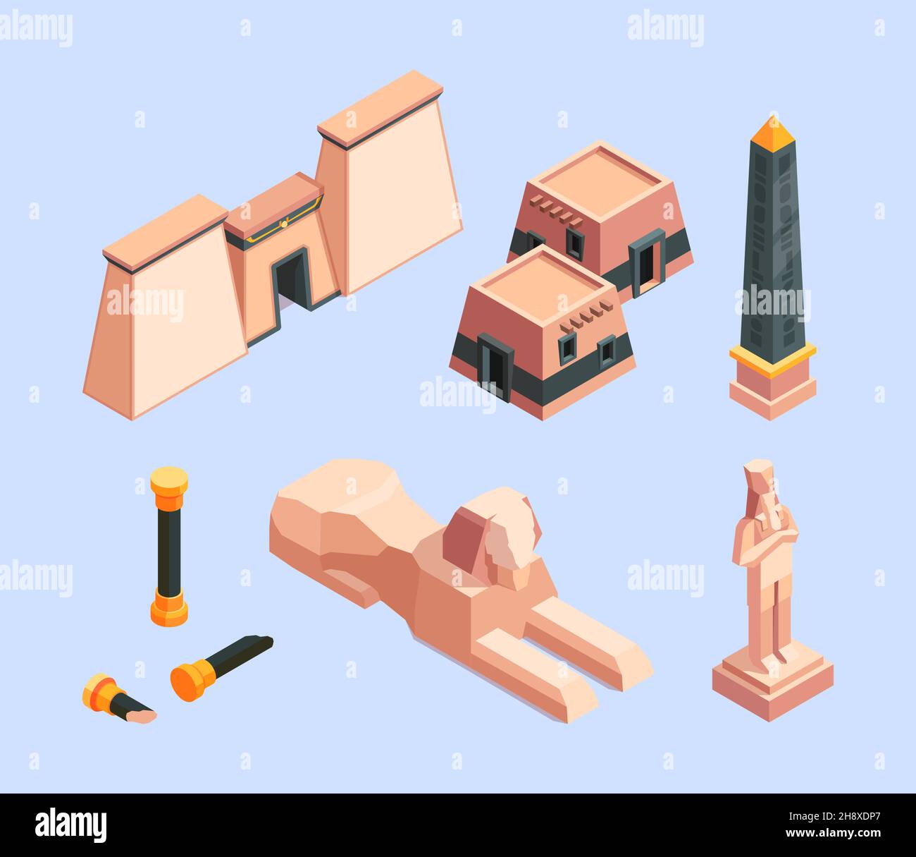 Ancient egypt. Architectural old objects of egypt pyramid buildings desert historical constructions garish vector isometric illustrations Stock Vector