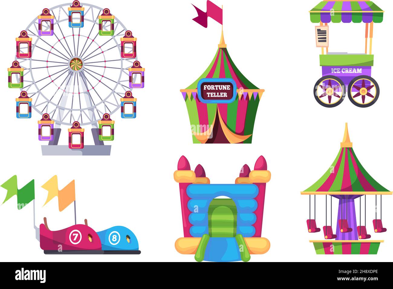 Amusement park. Outdoor attraction for kids swing game machines catapult carousel inflatable trampoline garish vector flat illustrations Stock Vector