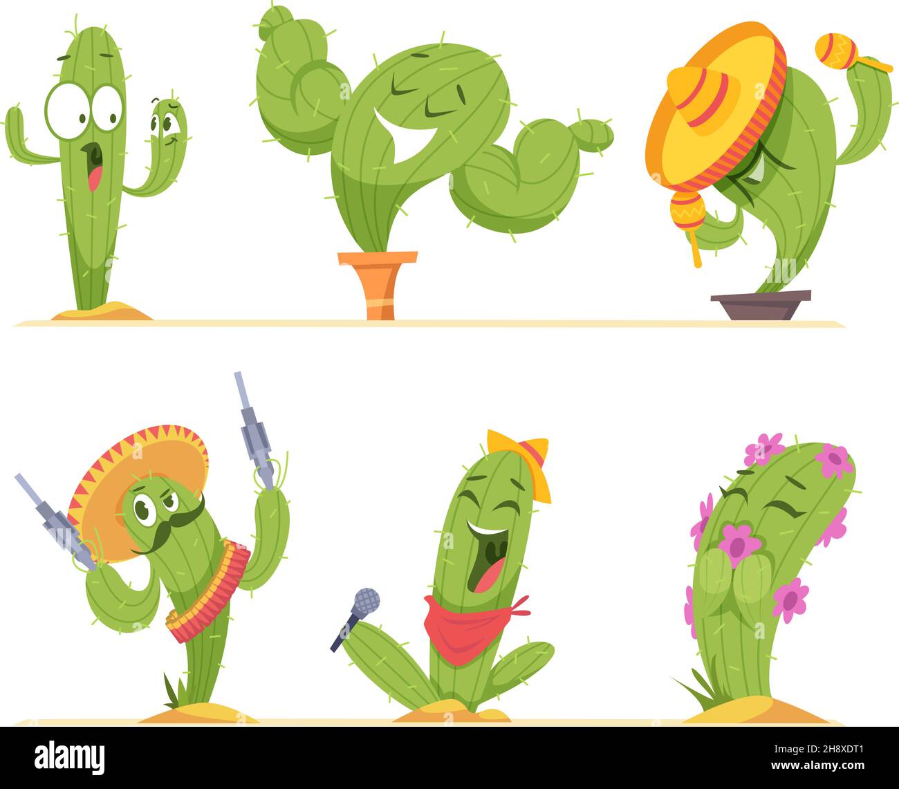 Cactus characters. Mexico authentic plants happy faces in cartoon style exact vector pictures of emoticon of cactus in various poses Stock Vector