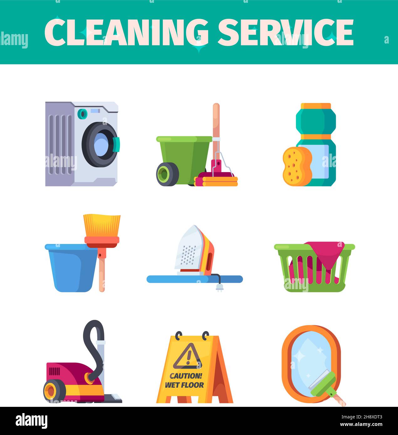 Laundry service. Washing tools cleaning items housekeeping garish vector flat collection Stock Vector