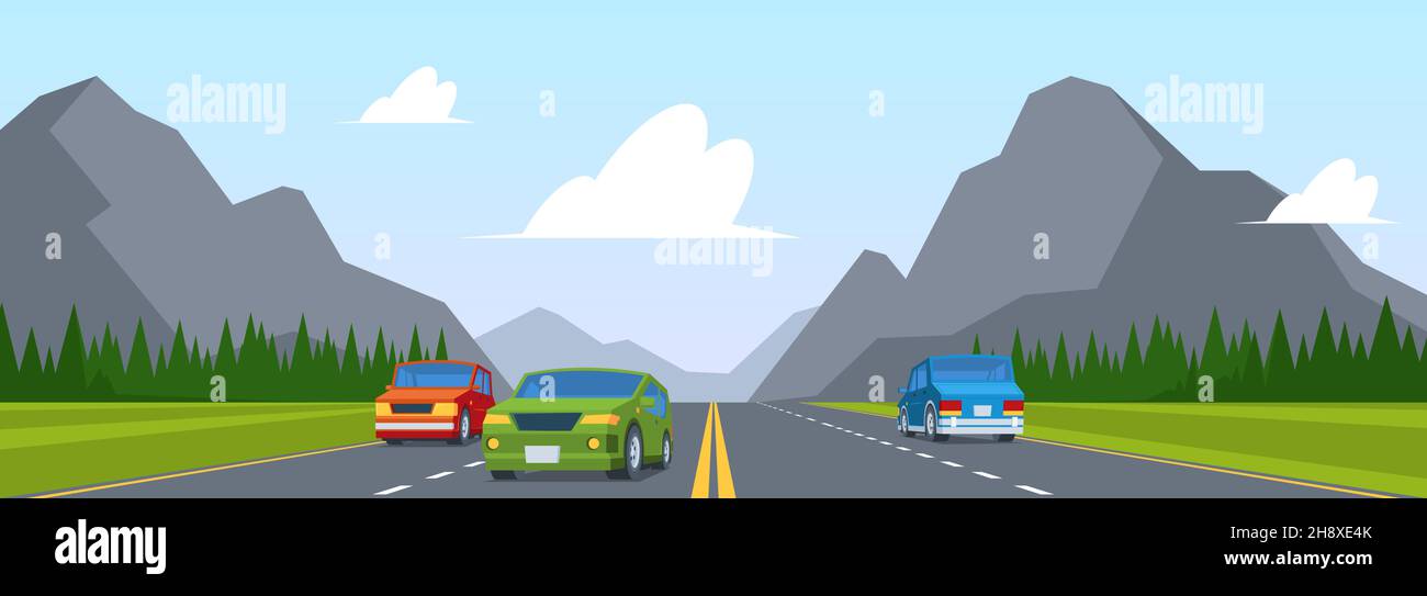Road trip. Highway traffic with various cars on road lines sunrise and  mountains view garish vector cartoon background Stock Vector Image & Art -  Alamy