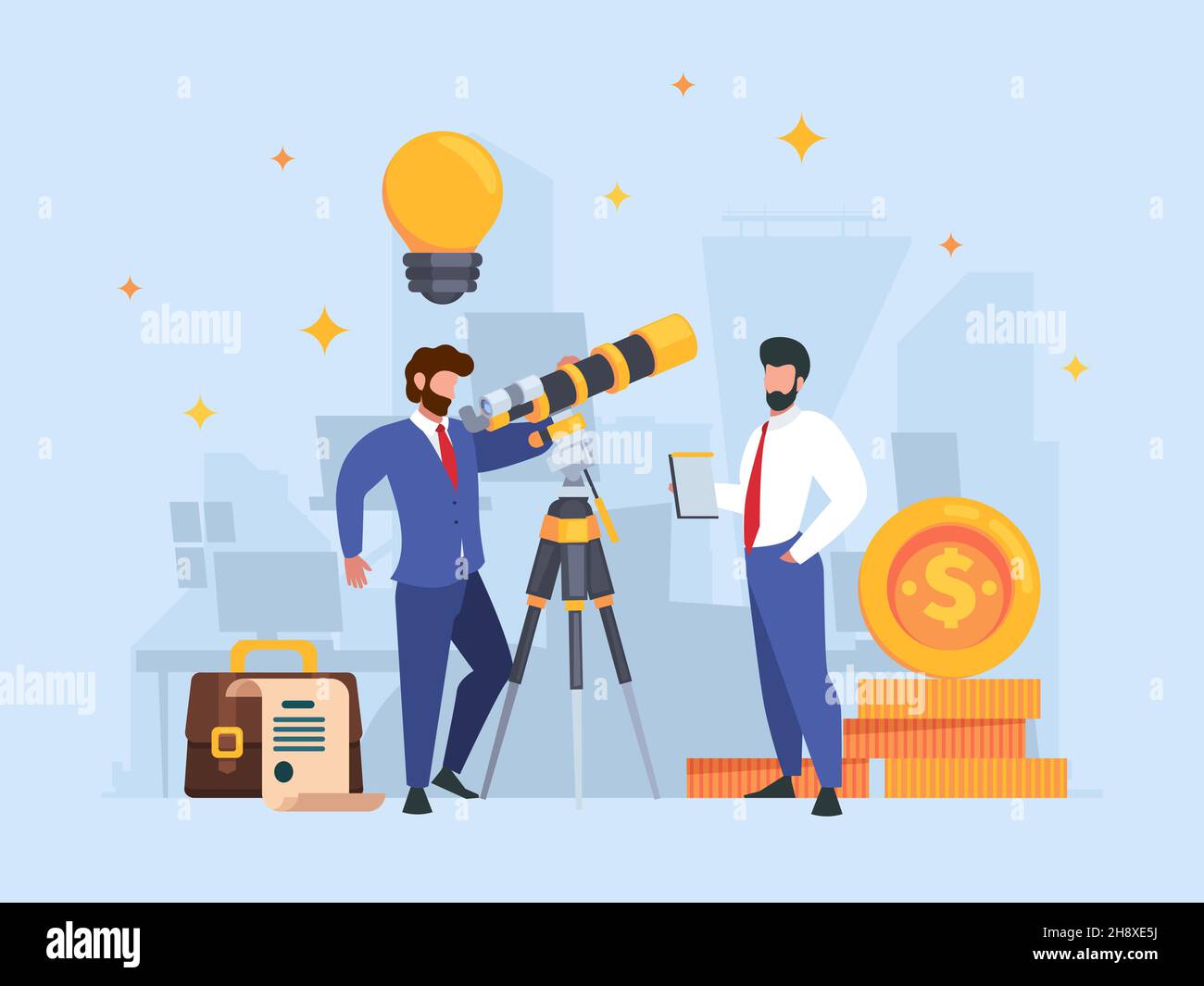 Businessman watching telescope. Successful team working exploring universe looking observer business concept garish vector background in flat style Stock Vector