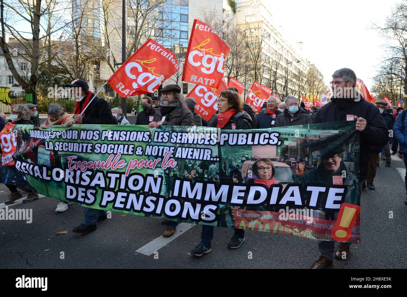 Paris national demonstration of retirees from Boulevard Raspail. Retirees came from all regions to ask for a revaluation of their pensions. Stock Photo