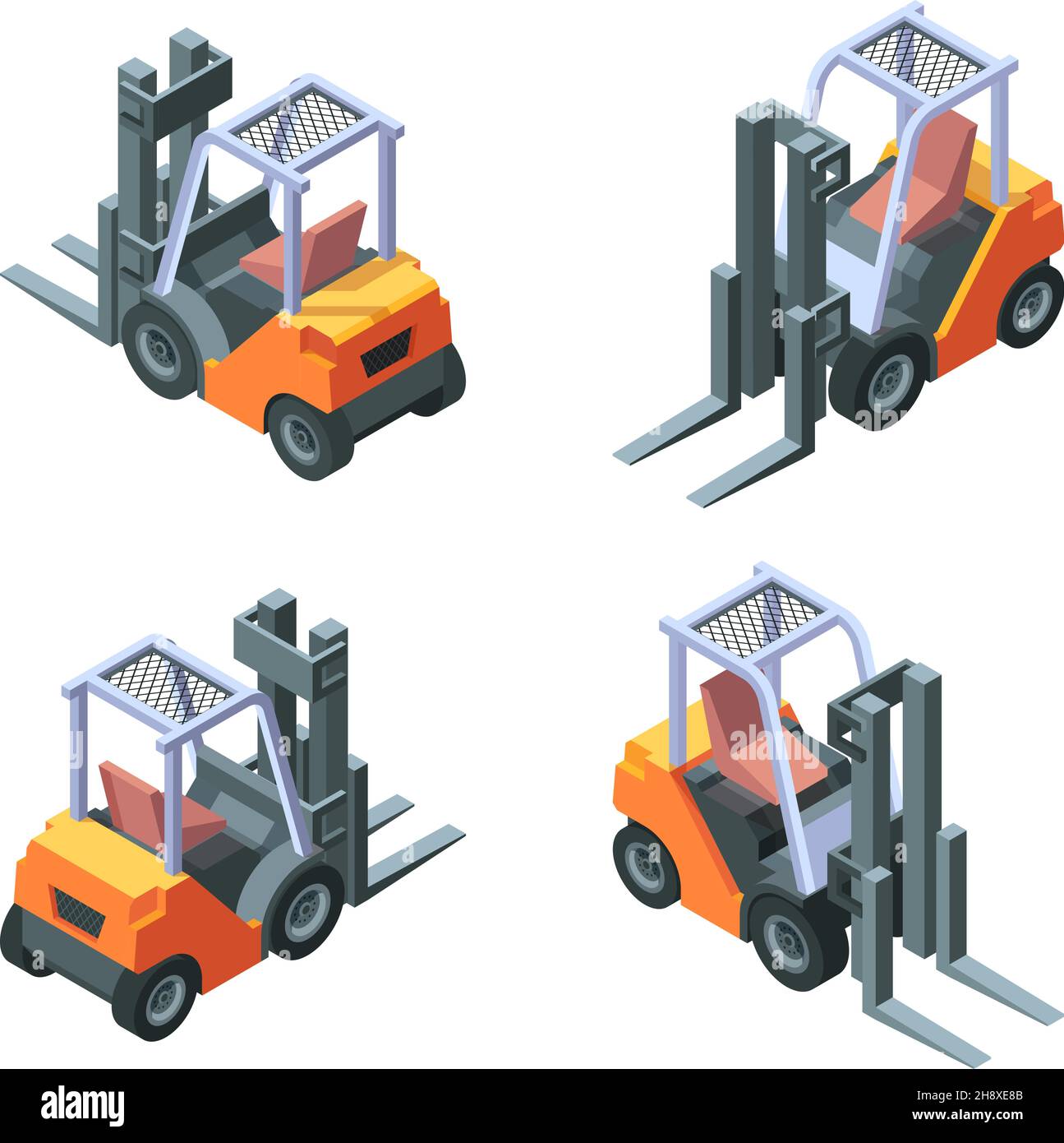 Loader isometric. Manufacturing vehicles trucks with forklift garish vector loading cars illustrations Stock Vector