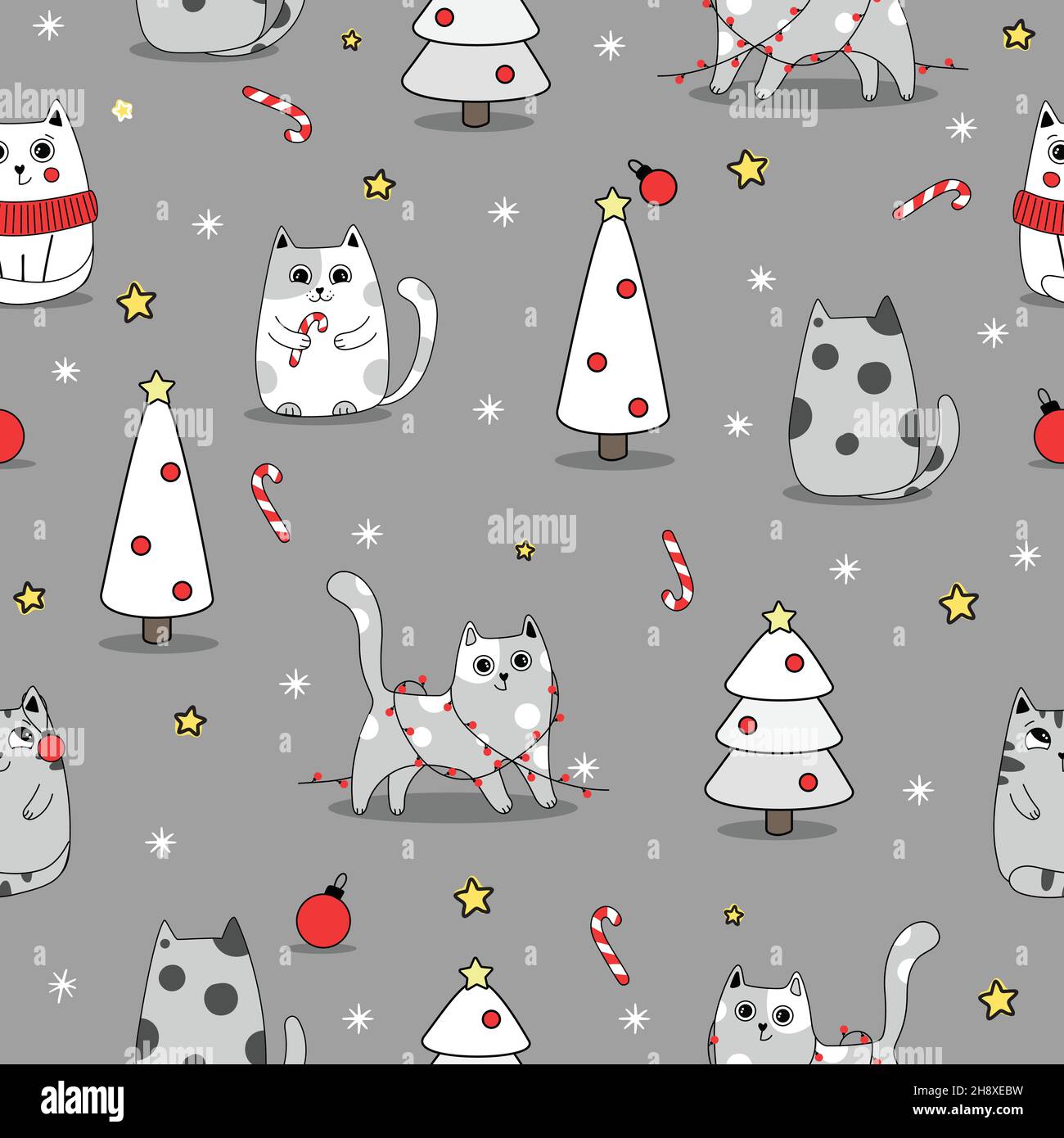 Seamless pattern background cute cat in snow for winter. Doodle style Stock Vector