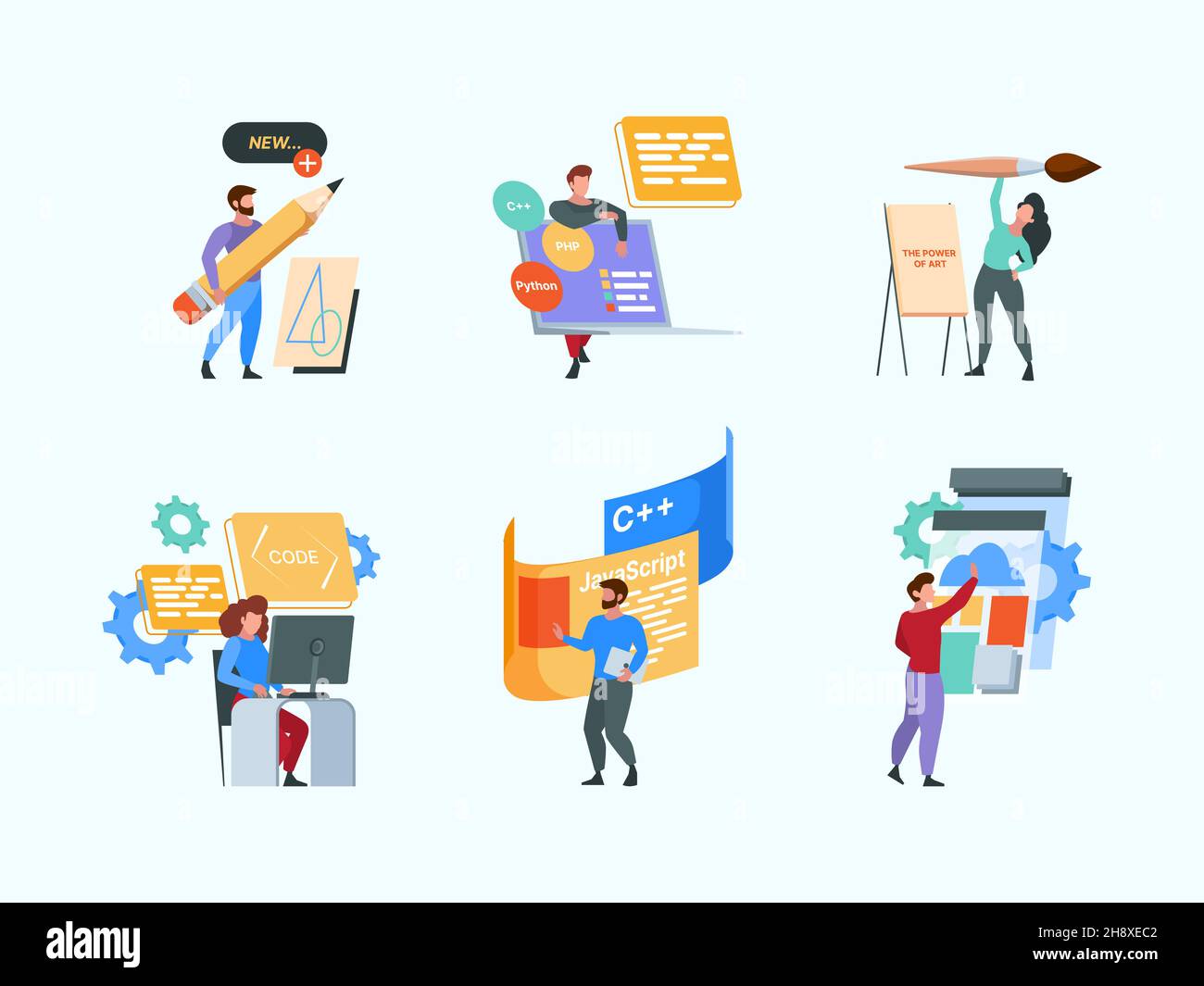 Programmers. Coworking freelancers young persons coders designers laptop working open space technology garish vector flat characters Stock Vector