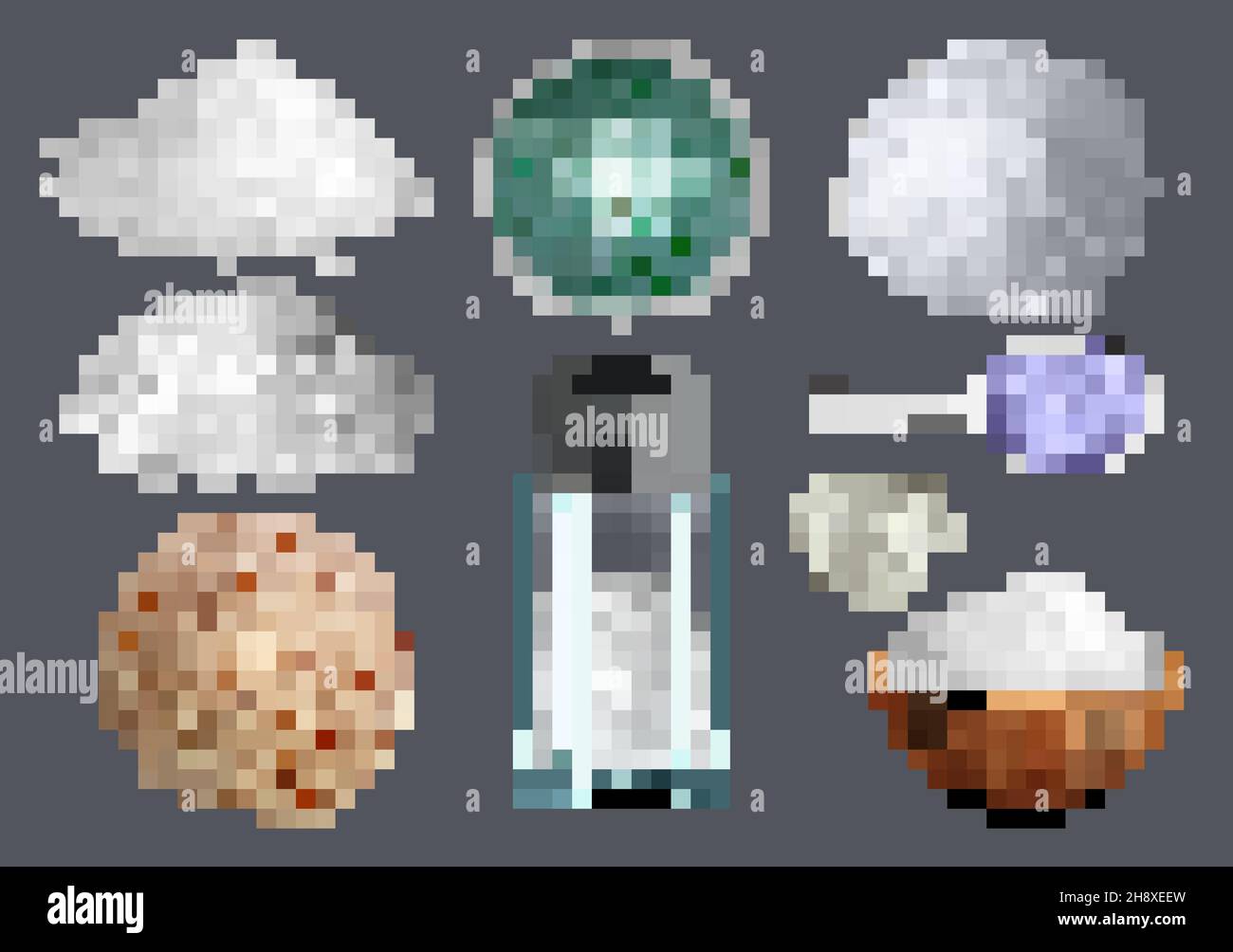 Salt for food. Kitchen preparing products ingredients decent vector realistic salt illustrations set Stock Vector
