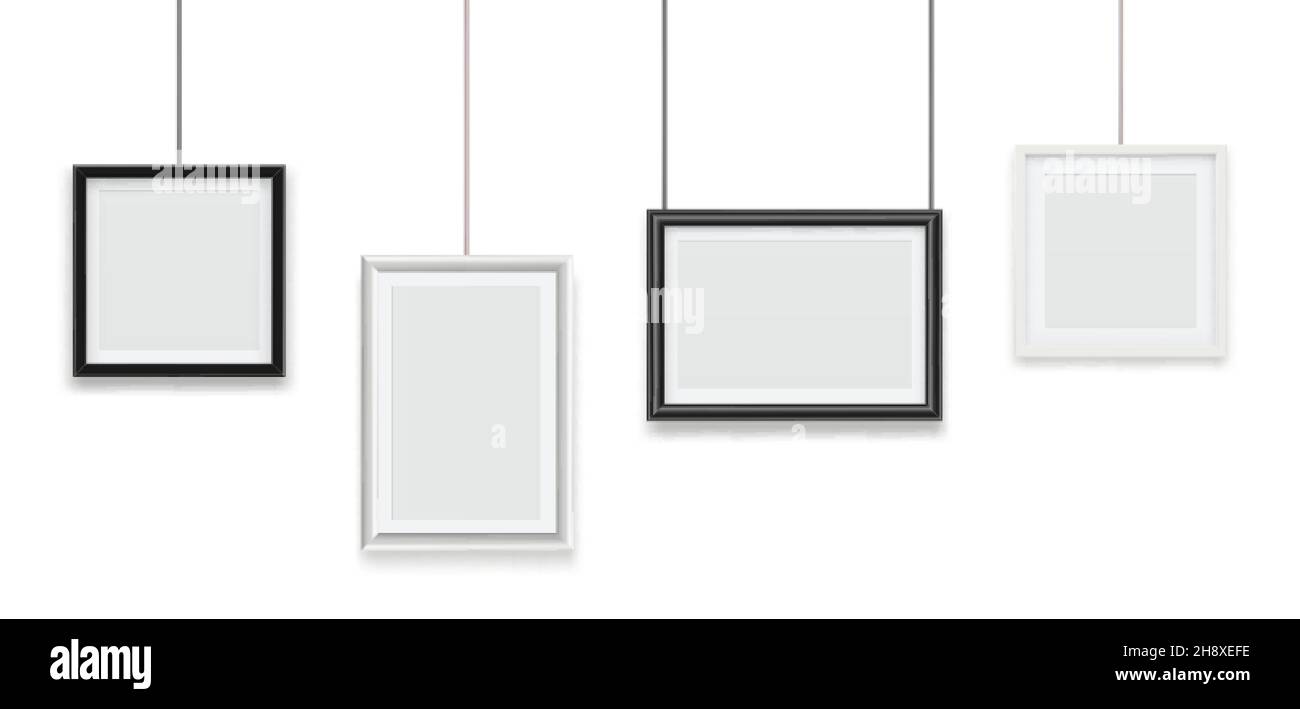 Hanging frames. Blank photo frame, image or picture framing. Empty realistic white black vector templates Stock Vector