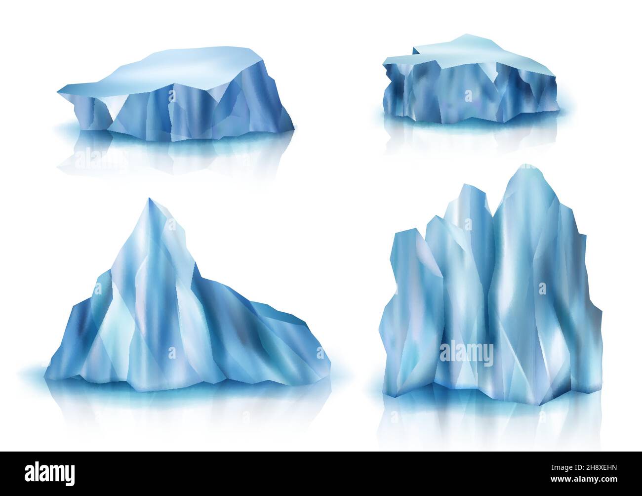Realistic glaciers. Big iceberg ice rocks cold outdoor weather symbols of north pole arctic snow textures decent vector 3d collection set Stock Vector