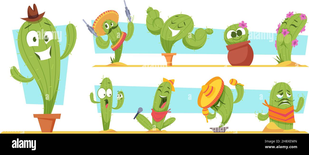 Green cactus. Funny characters in action poses stylish green mexican plants cactus faces exact vector cartoon illustrations isolated Stock Vector