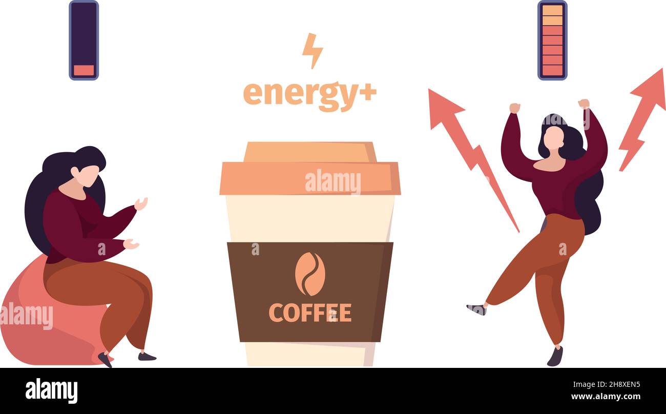 Coffee energy. Woman before and after drinking hot drink. Active life position, tired female