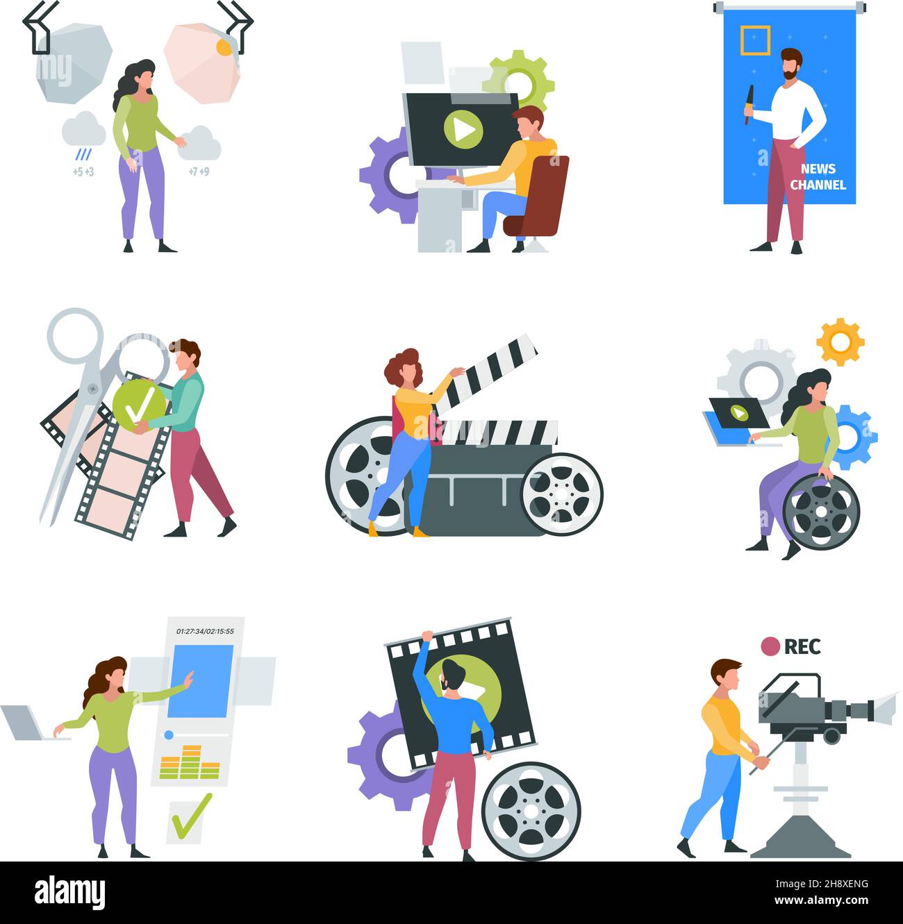 Video production. Filmmaker characters shooting and filming on cameras videography multimedia concept pictures garish vector collection of flat Stock Vector