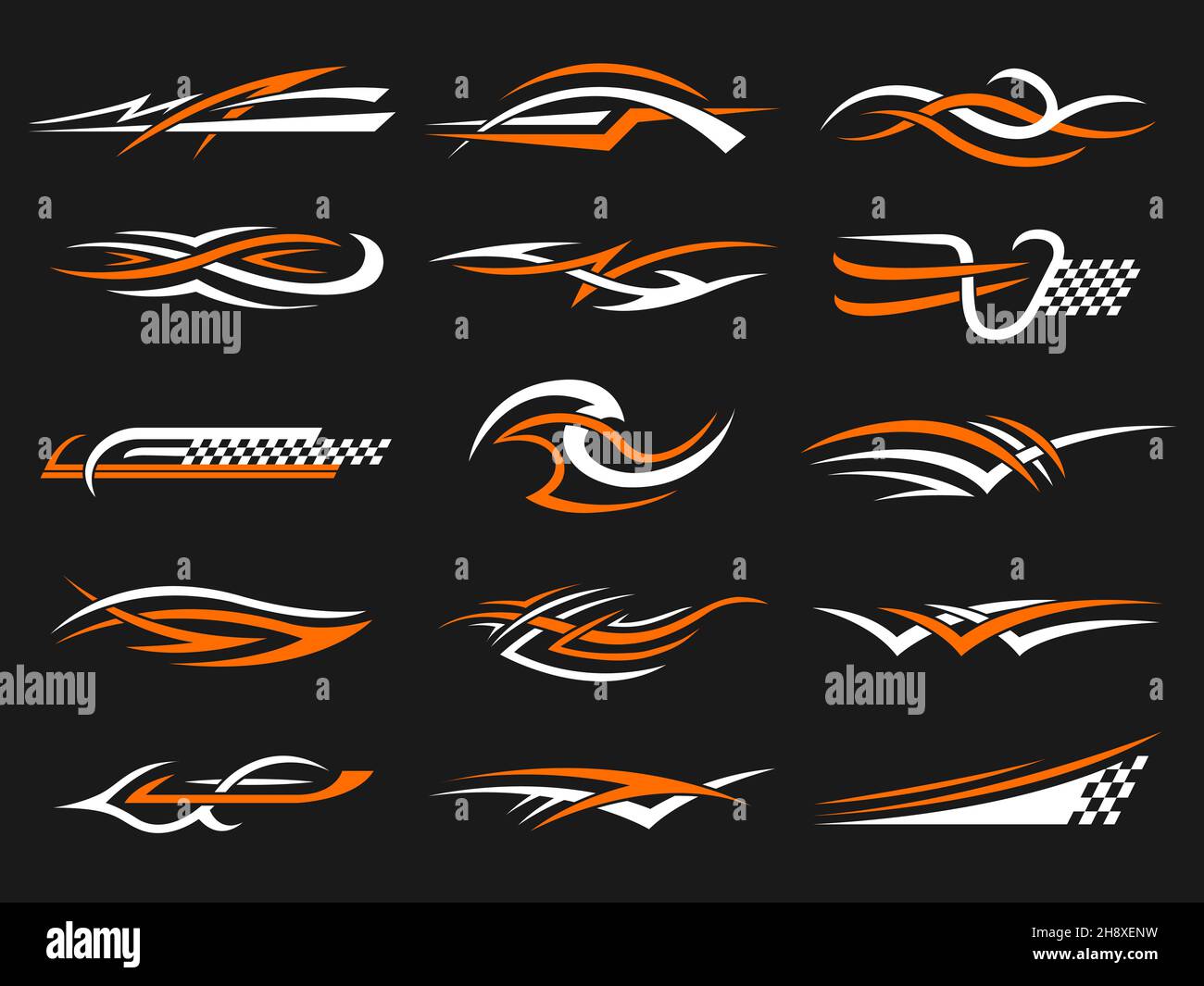 Car stripes. Vinyl stylized graphics templates symbols of flame geometrical shapes racing motorcycle club designs recent vector set Stock Vector
