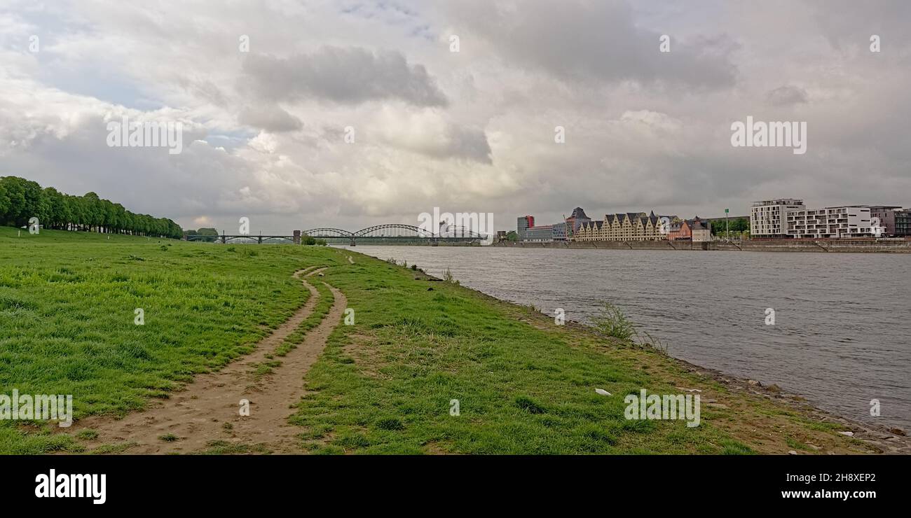 Hiking trail through Poller Wiesen park along river Rhine in Cologne Stock Photo