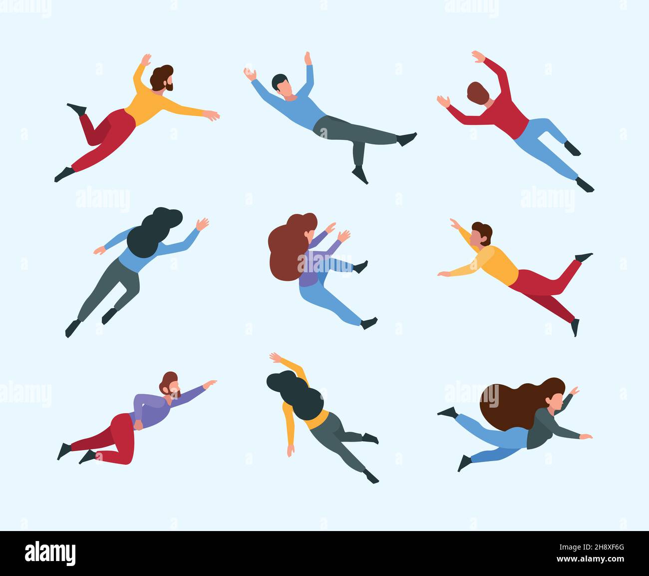 Flying persons. Moving and dreaming people in action poses sleeping and imagination space