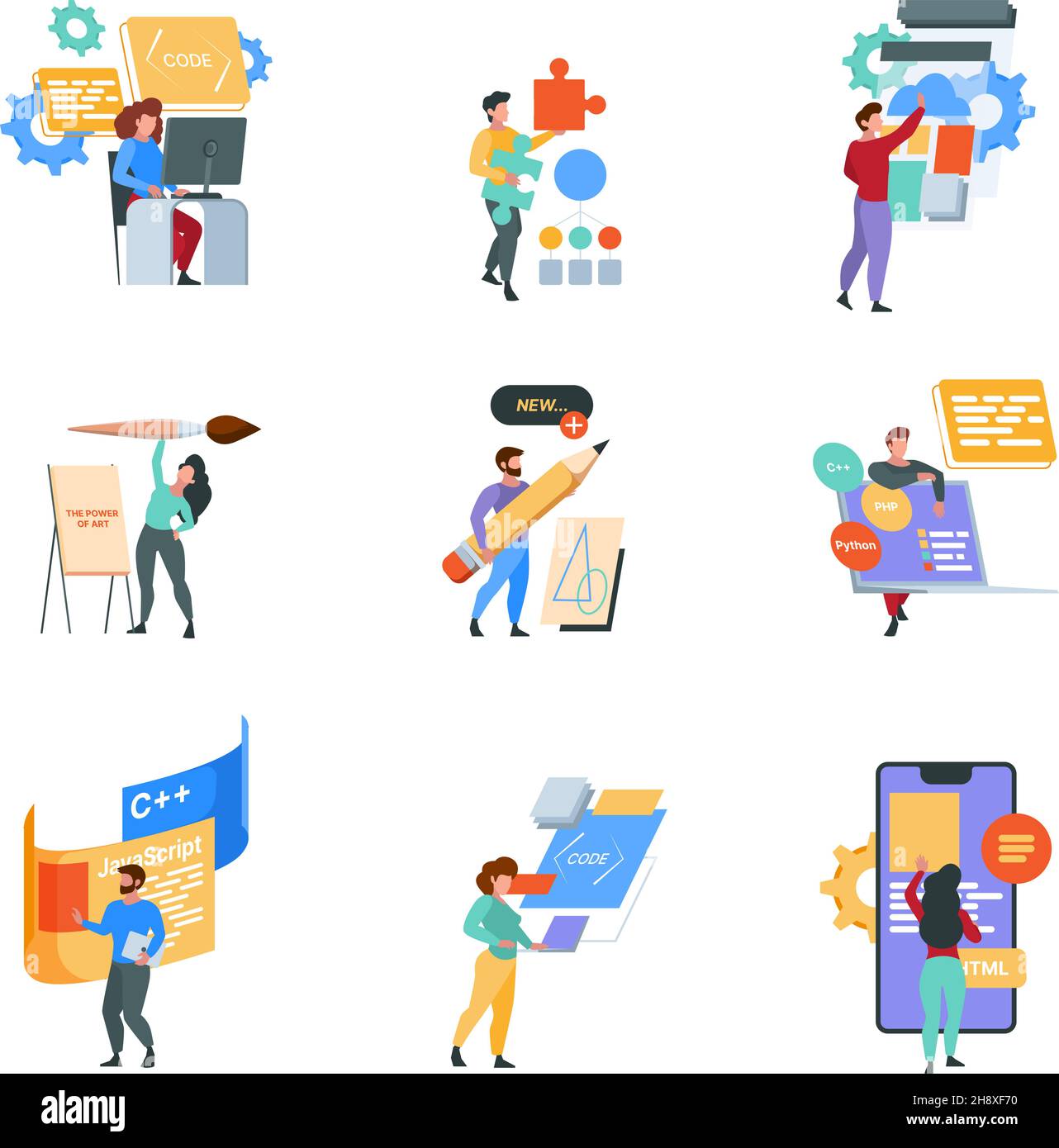 Professional programmers. Freelancers outdoor working laptop coding and programing script writing web technologies geek characters garish vector flat Stock Vector