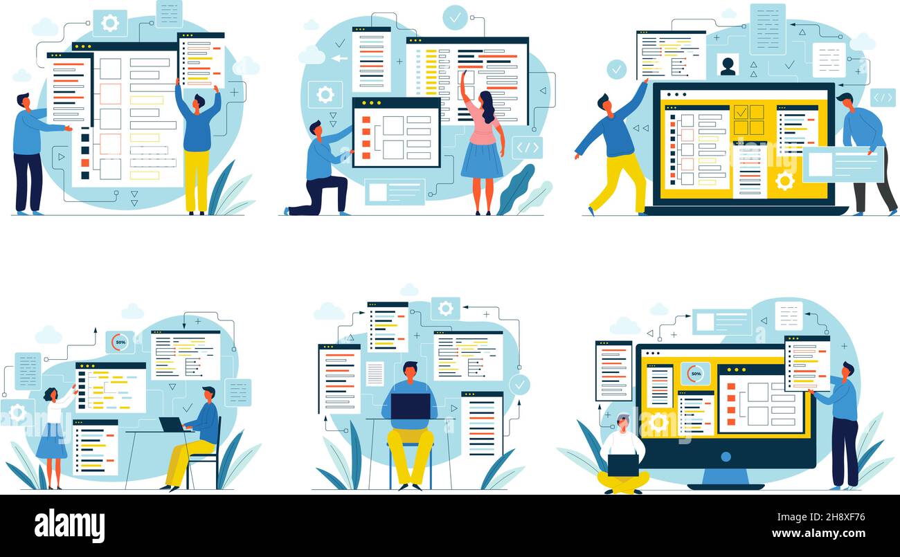 Coders people. Designers and programmers digital developers java script engineers networking coders recent vector flat people working illustrations Stock Vector