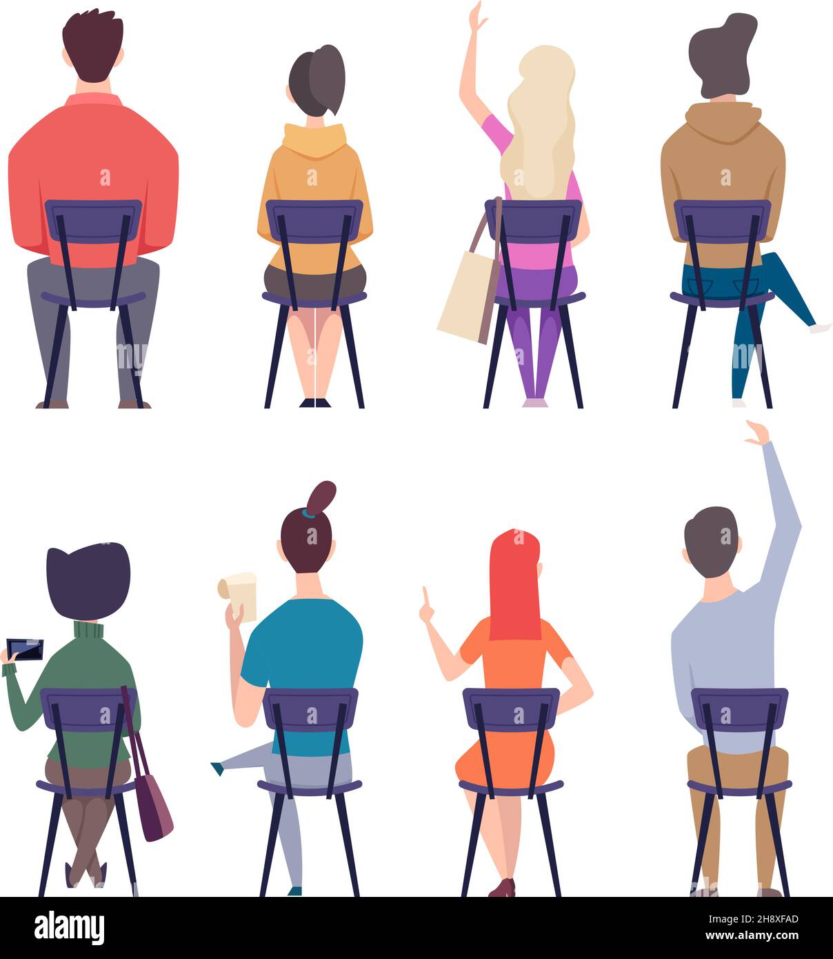 Students back. Teenagers college people sitting on chairs in lecture room education characters exact vector flat persons back view Stock Vector