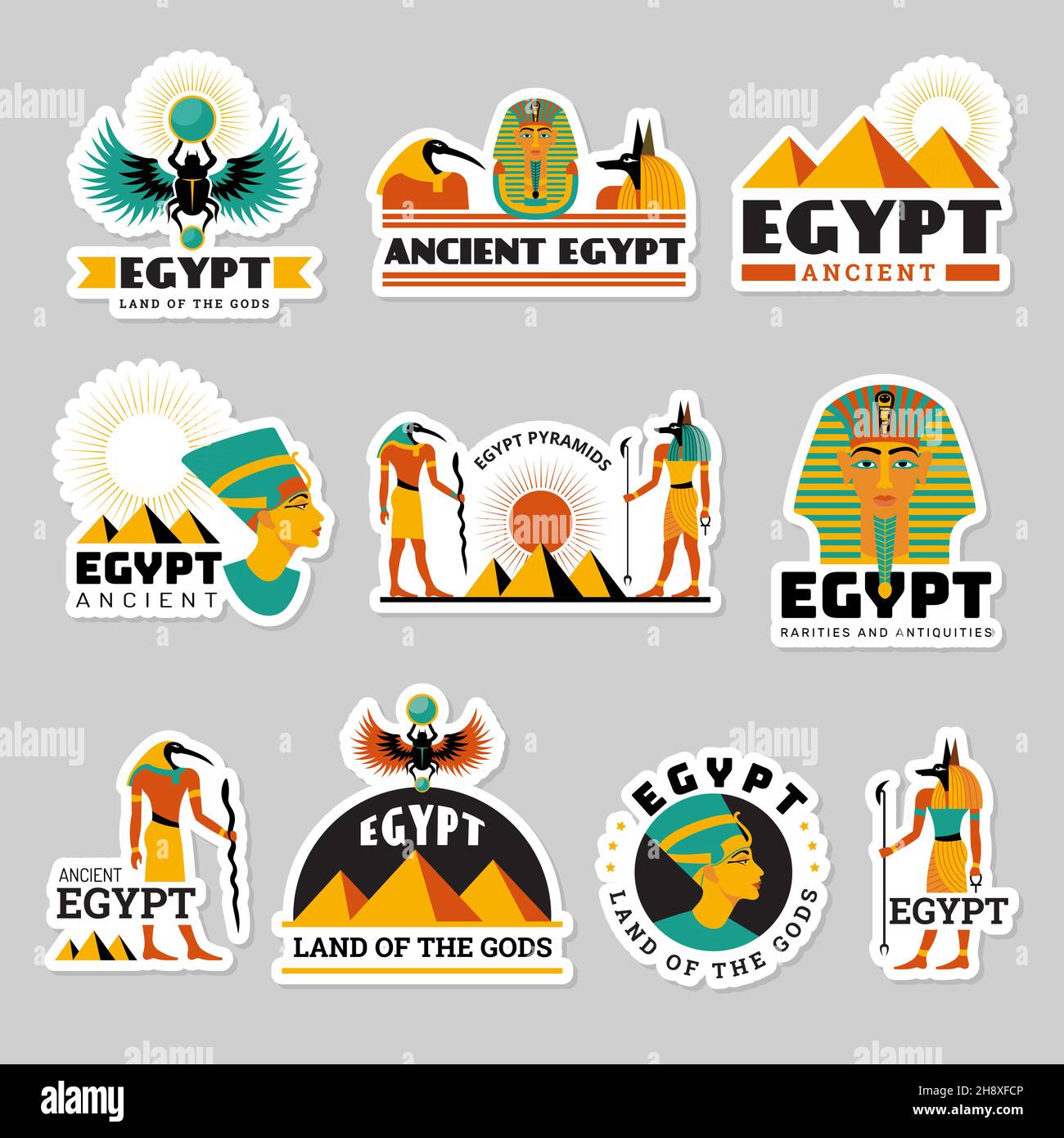 Egypt labels. Pyramid sphinx ancient travel symbols statue in desert recent vector graphic illustration badges templates Stock Vector