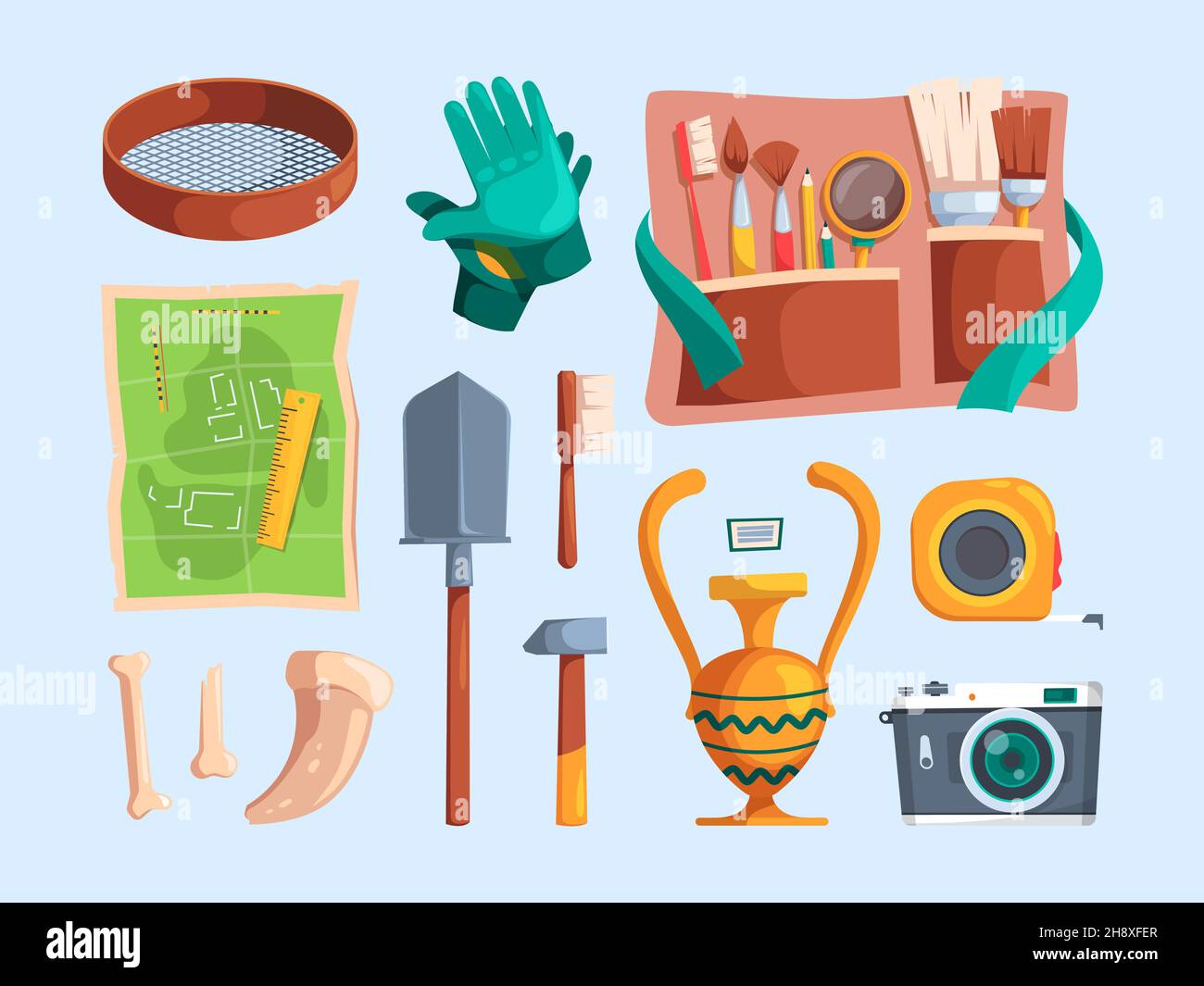 Archeology equipment. Adventure findings artifacts ancient items bones archeological brush magnifying glass antique stones and map garish vector Stock Vector
