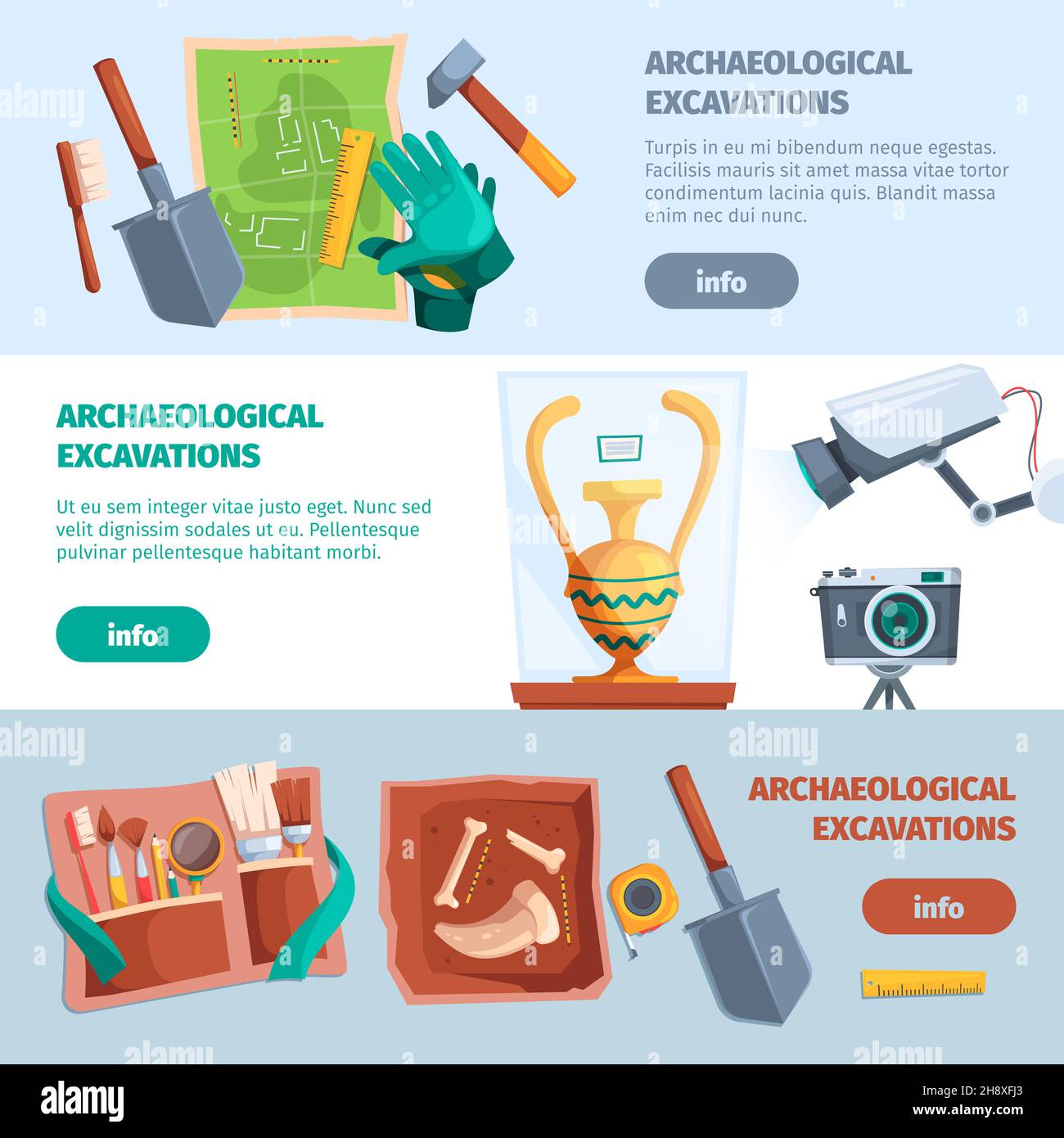 Archaeological banners. Ancient tools for history adventure education