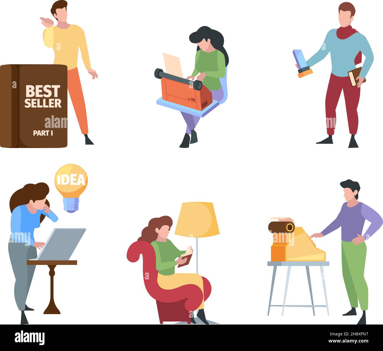 Writers characters. Bloggers paper journalist business editing writers using and typing computer communication laptop garish vector flat persons Stock Vector