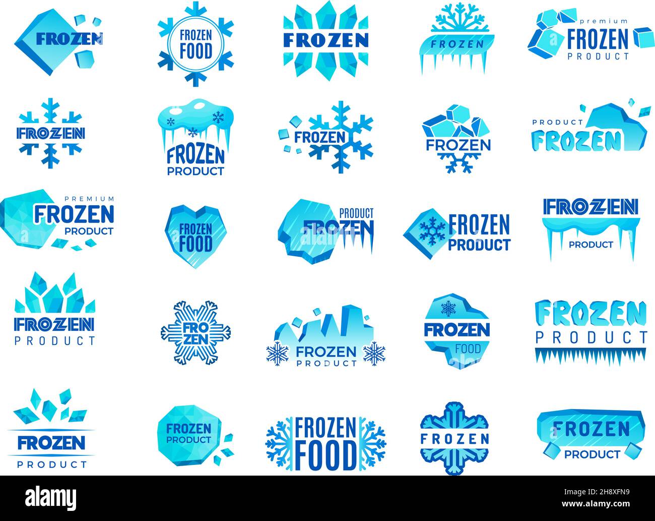 Frozen product logo. Snow and winter snowflakes from ice stylized symbols for logo design cold food temperatures recent vector templates collection Stock Vector